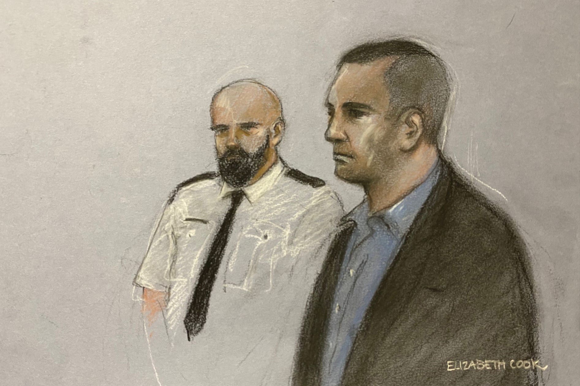 Court artist sketch of Darren Osment, right, at Bristol Crown Court (Elizabeth Cook/PA)