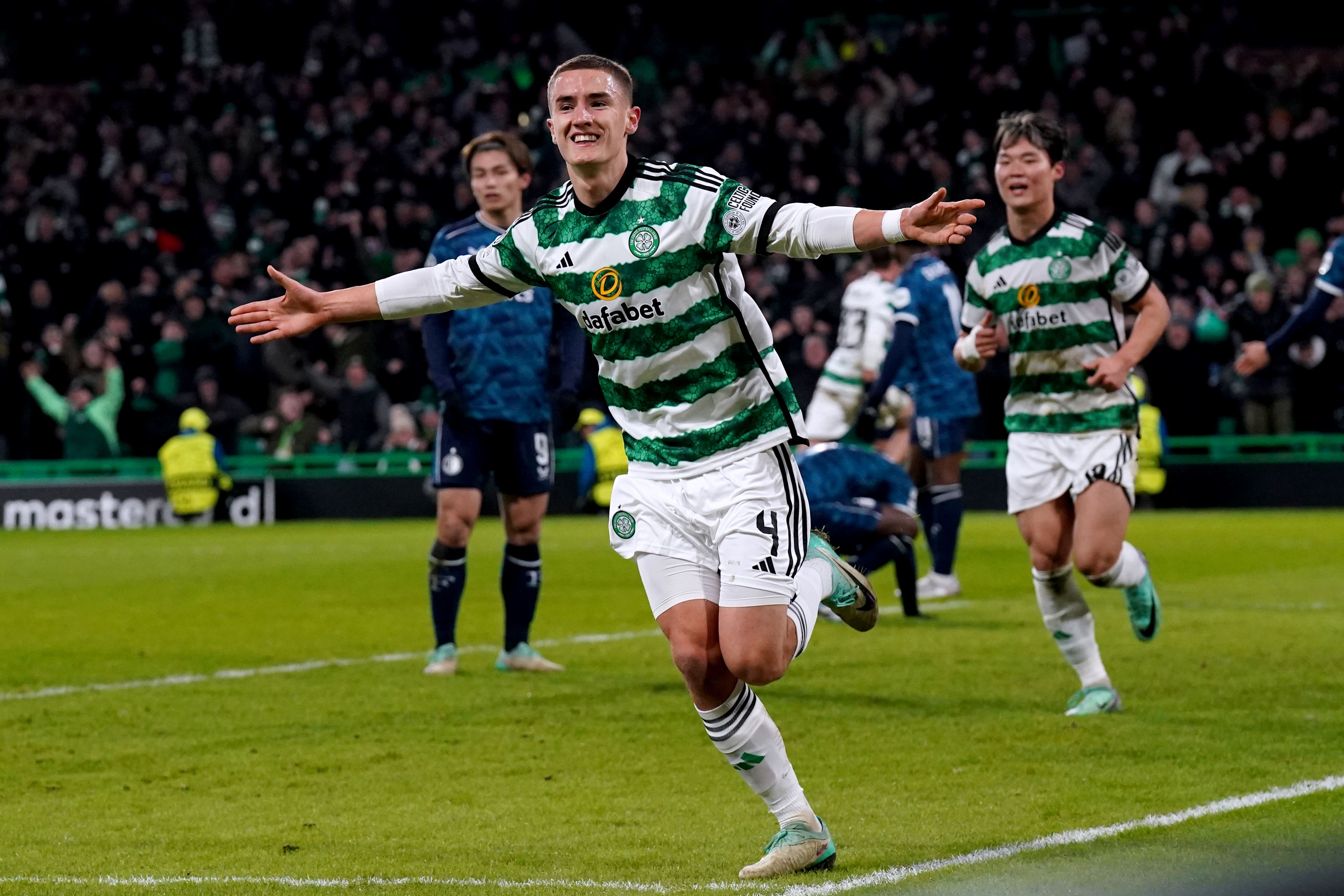 Gustaf Lagerbielke celebrates his late winner for Celtic (Andrew Milligan/PA)