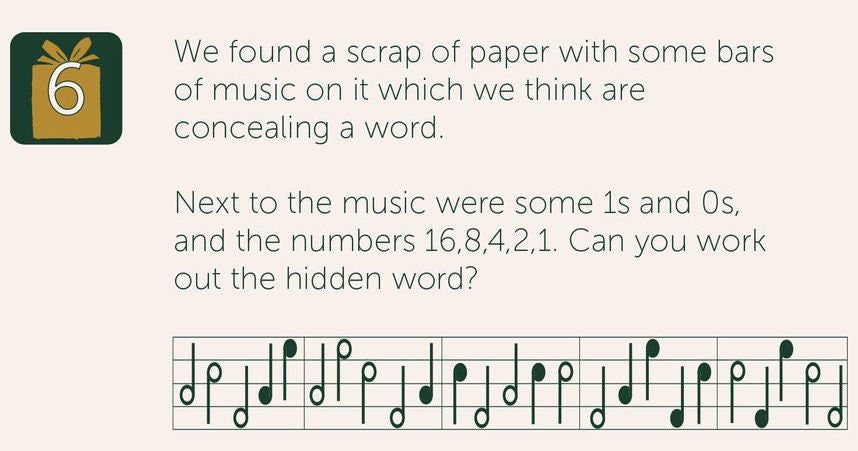 We found a scrap of paper with some bars of music on it which we think are concealing a word. Next to themusic were some 1s and 0s, and the numbers 16,8,4,2,1. Can you work out the hidden word?