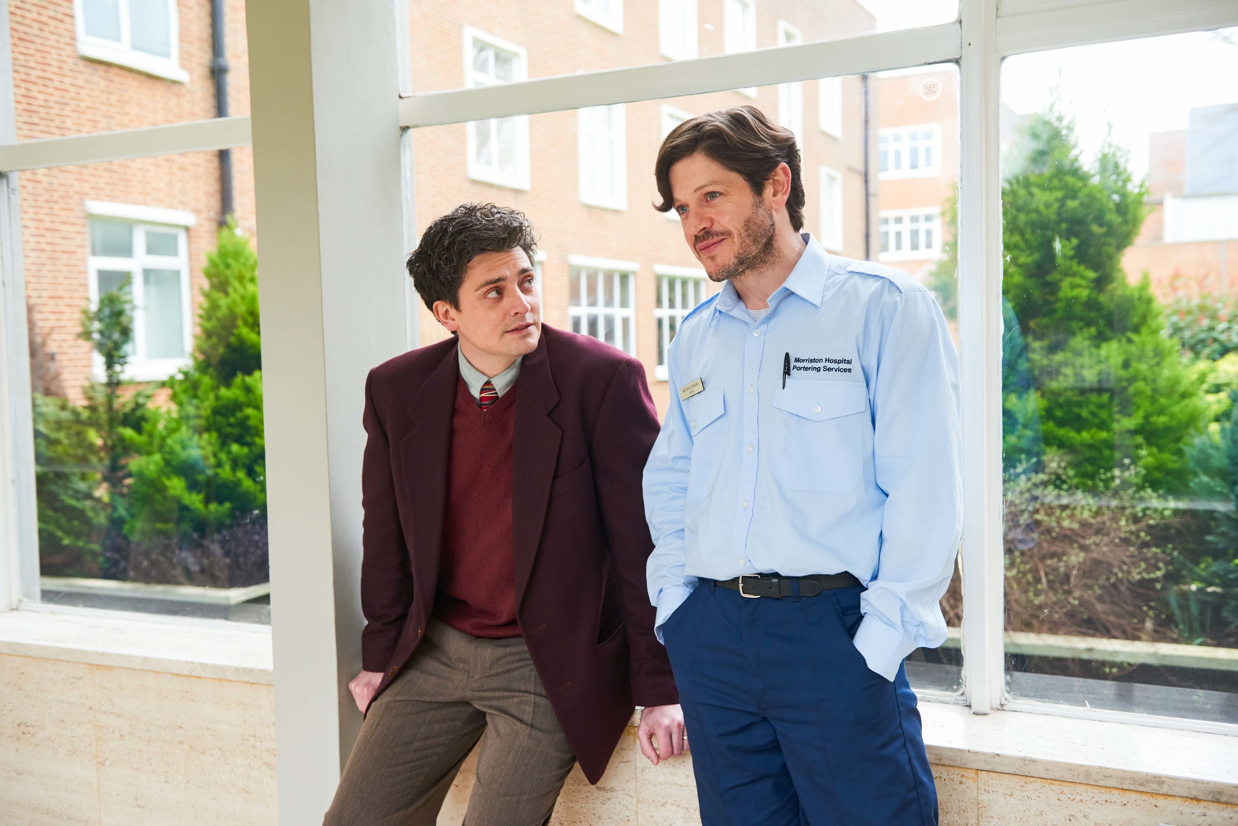 Barnard as a doctor and Iwan Rheon as a trial participant in ‘Men Up’