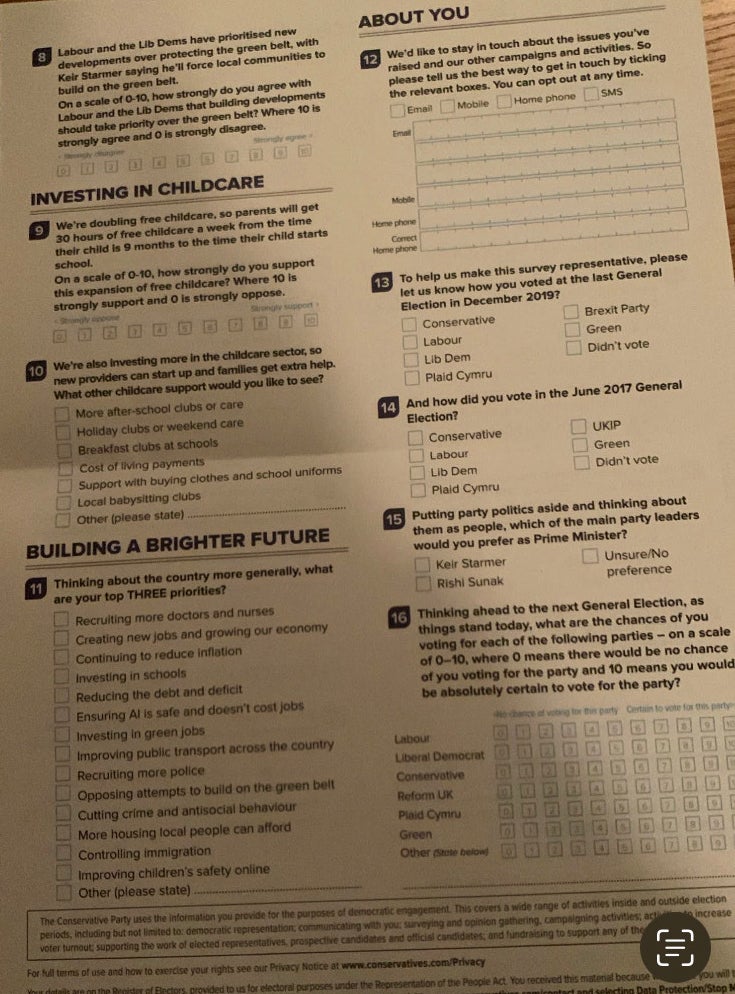 One page of the ‘PM survey’ being sent to households