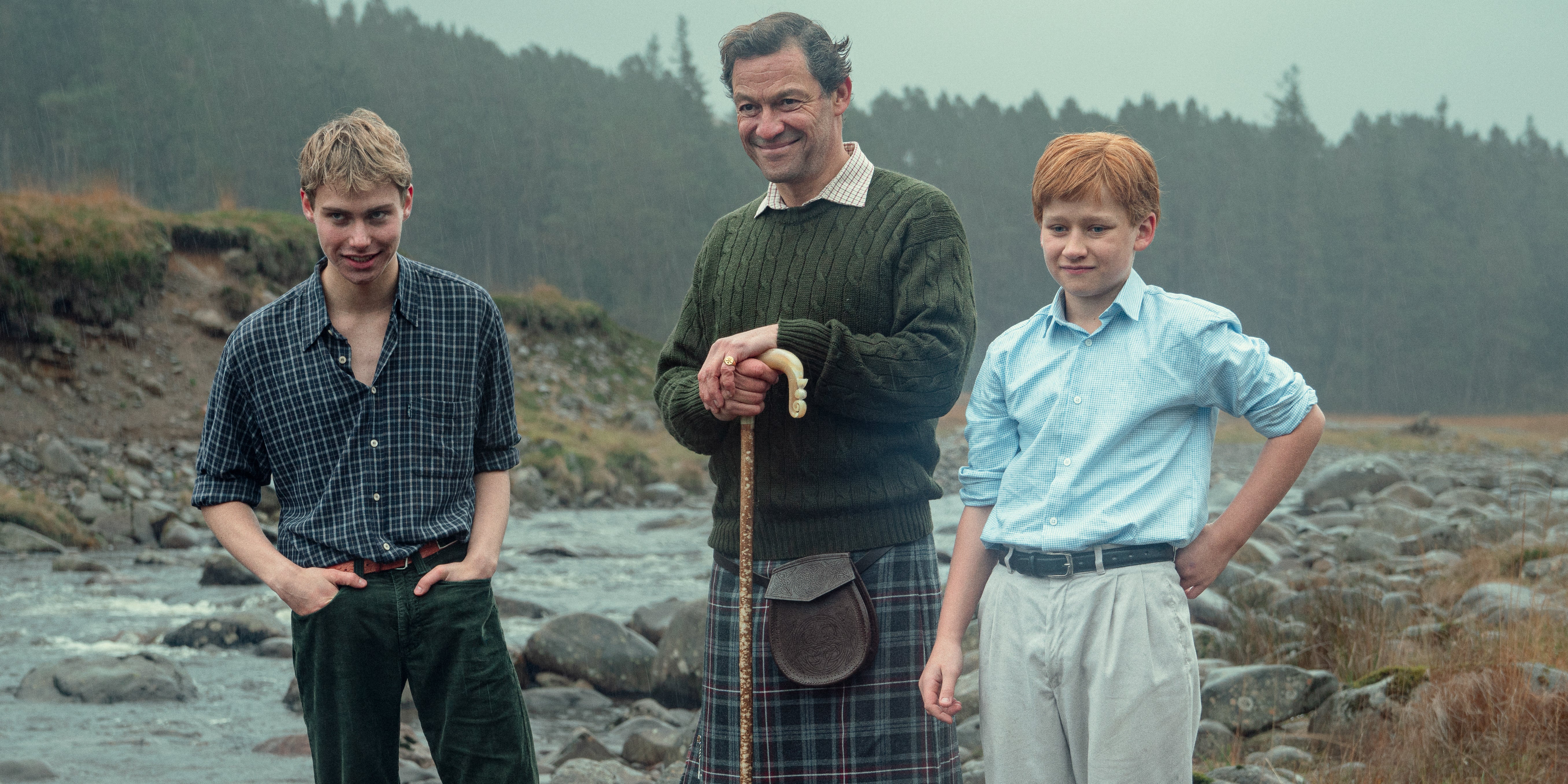 (L-R) Rufas Kampa, Dominic West and Fflyn Edwards in ‘The Crown’