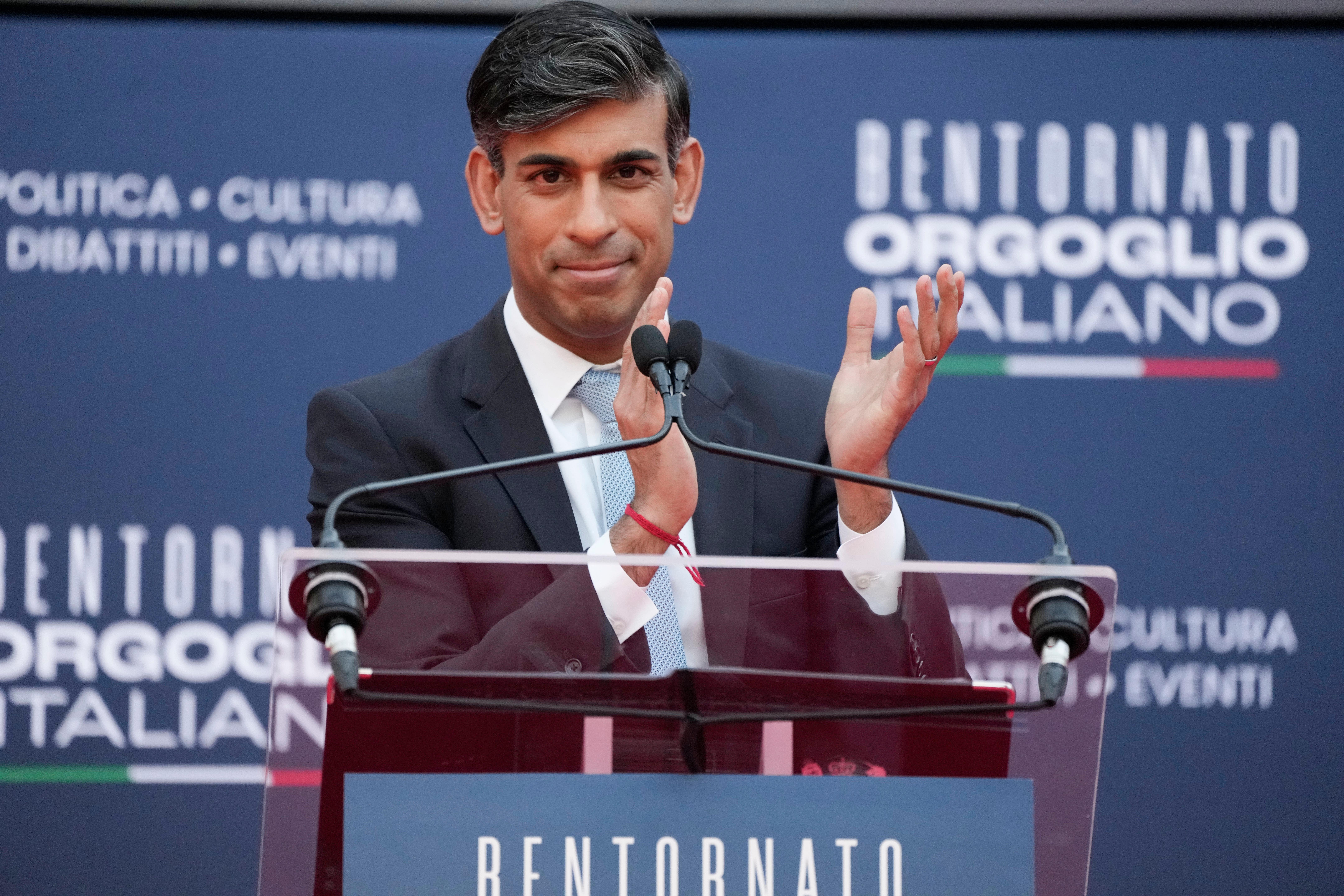 Rishi Sunak delivered his speech at the annual political festival Atreju, organised by the Giorgia Meloni’s Brothers of Italy (Alessandra Tarantino/AP)