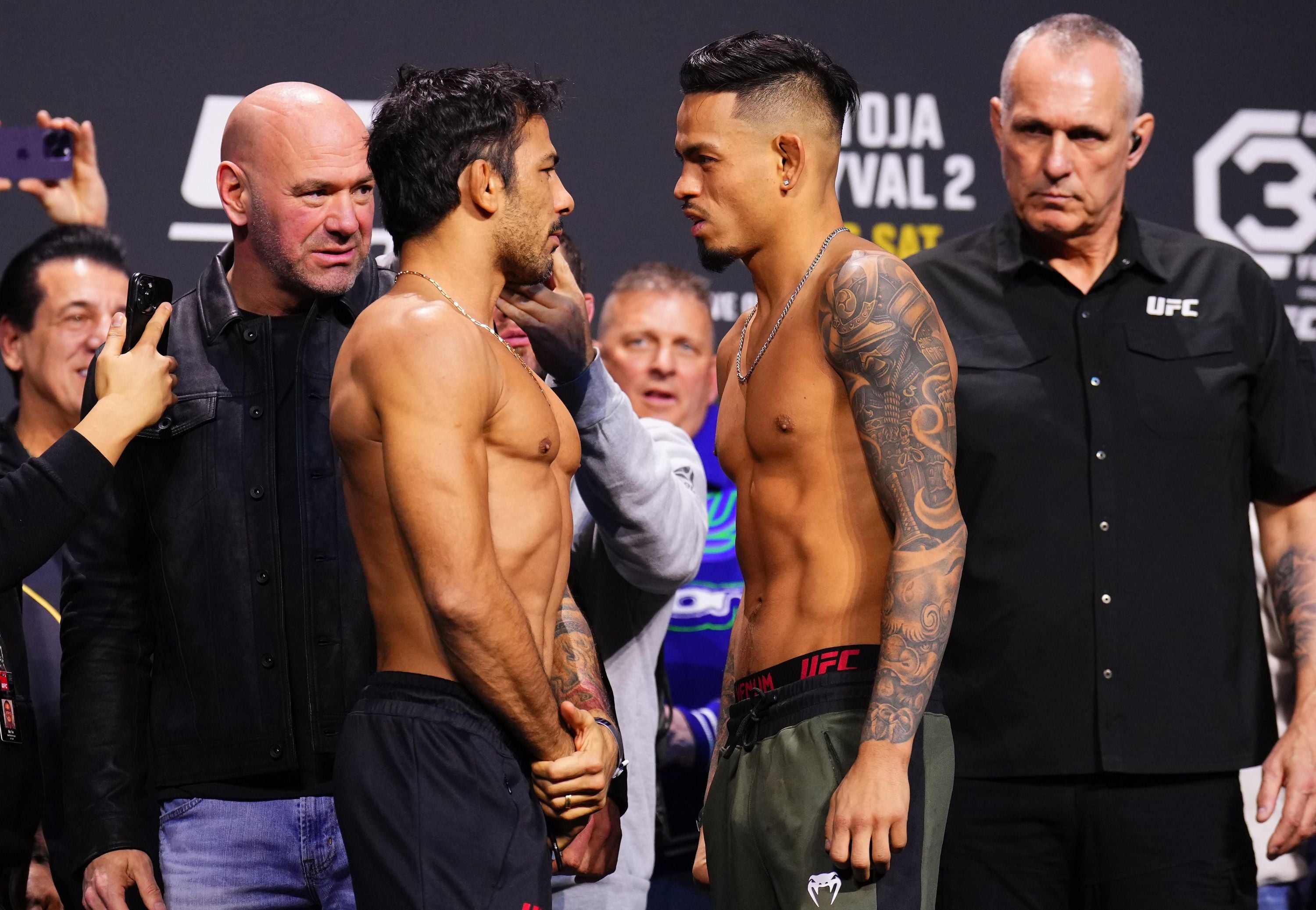 Alexandre Pantoja (centre-left) defends the men’s flyweight title against old foe Brandon Royval