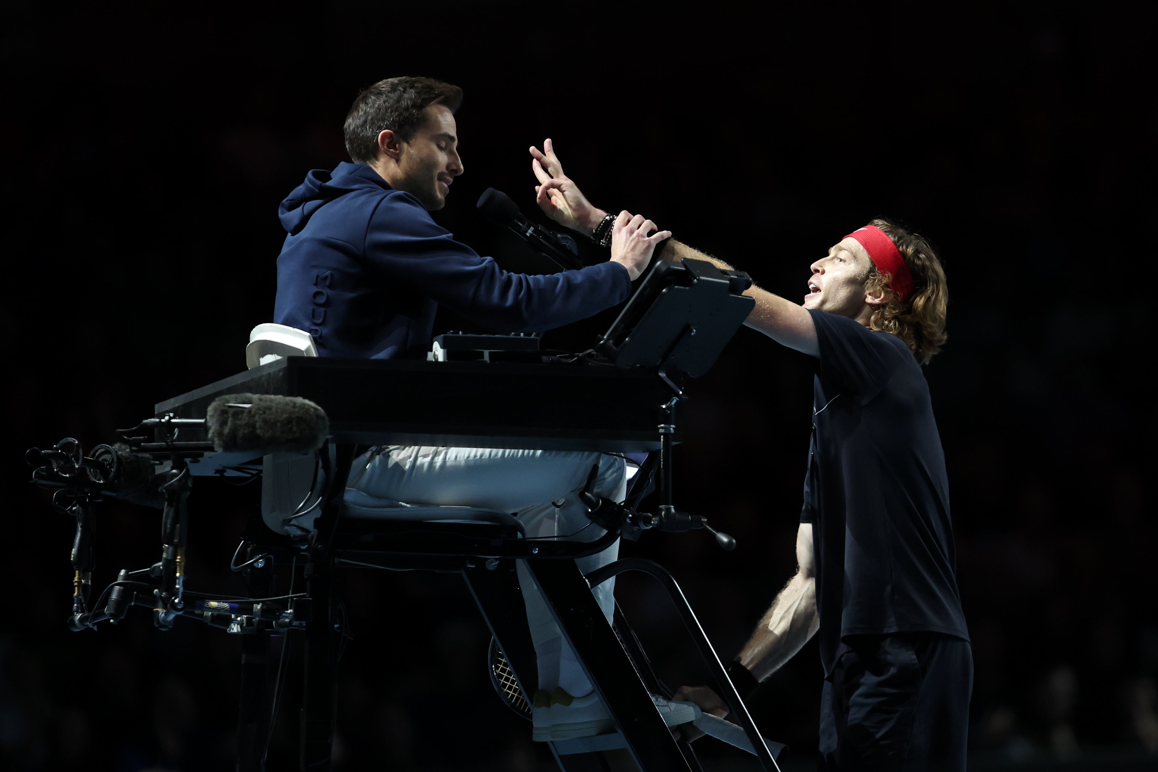 Andrey Rublev confronts the umpire after confusion over whether he’d play his bonus card