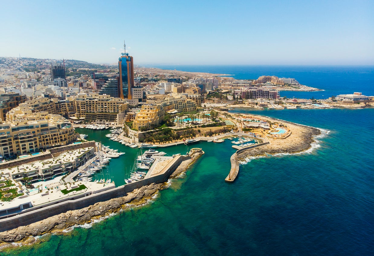 <p>Aerial view of St. Julians city and Portomaso tower in Malta </p>