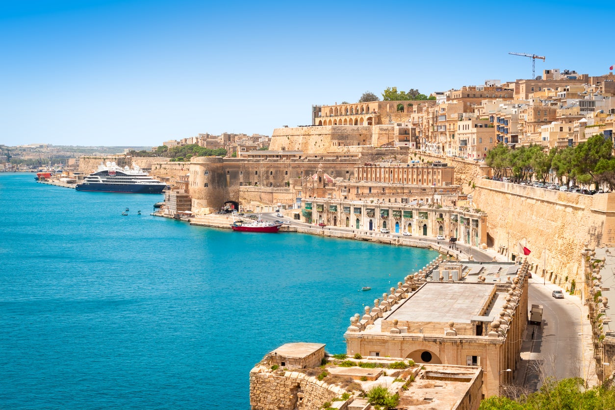 The Grand Harbour and medieval defensive walls around the capital city of Valletta, Malta