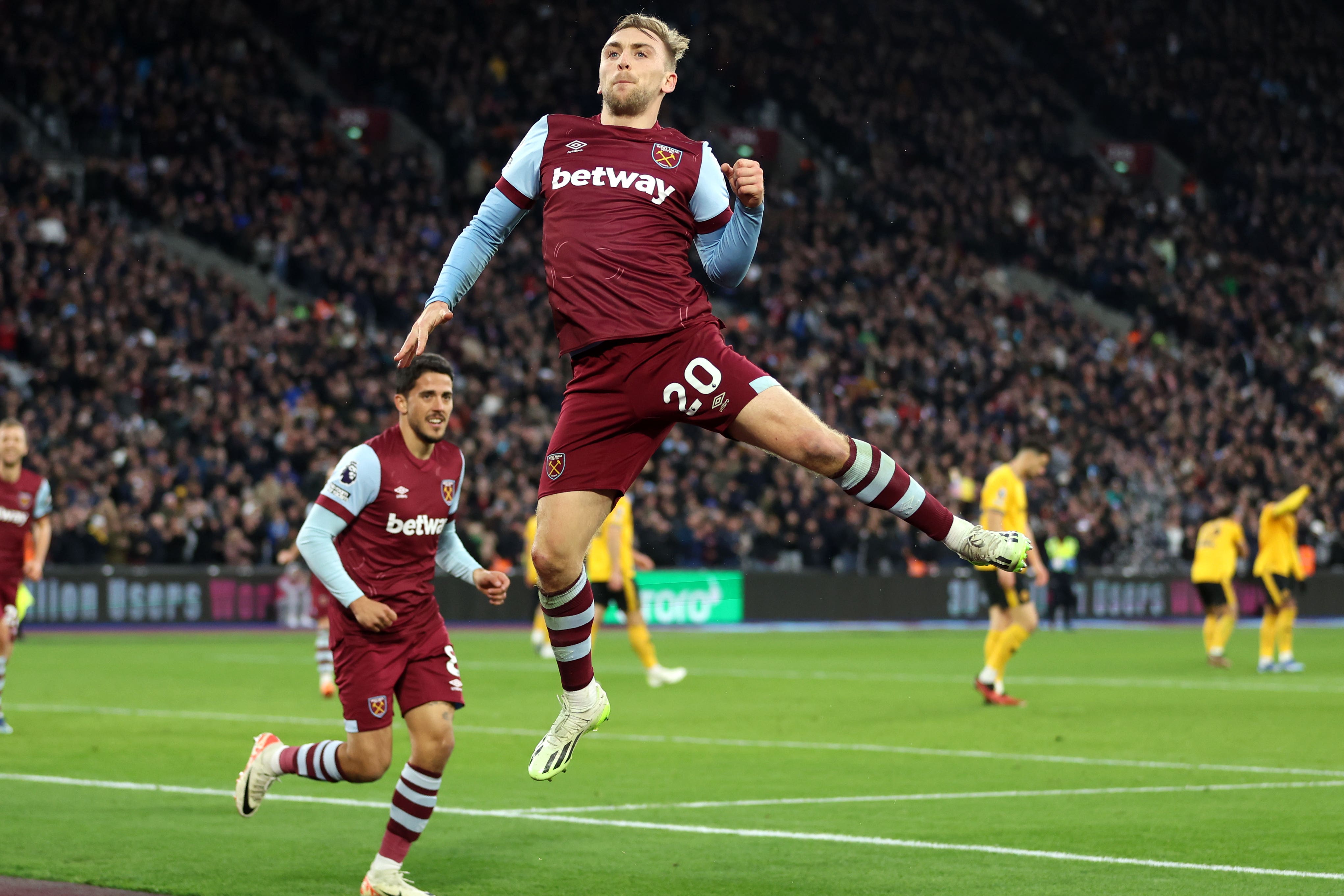 Jarrod Bowen celebrates scoring his 10th goal of the season for West Ham in their 3-0 win over Wolves (Steven Paston/PA)