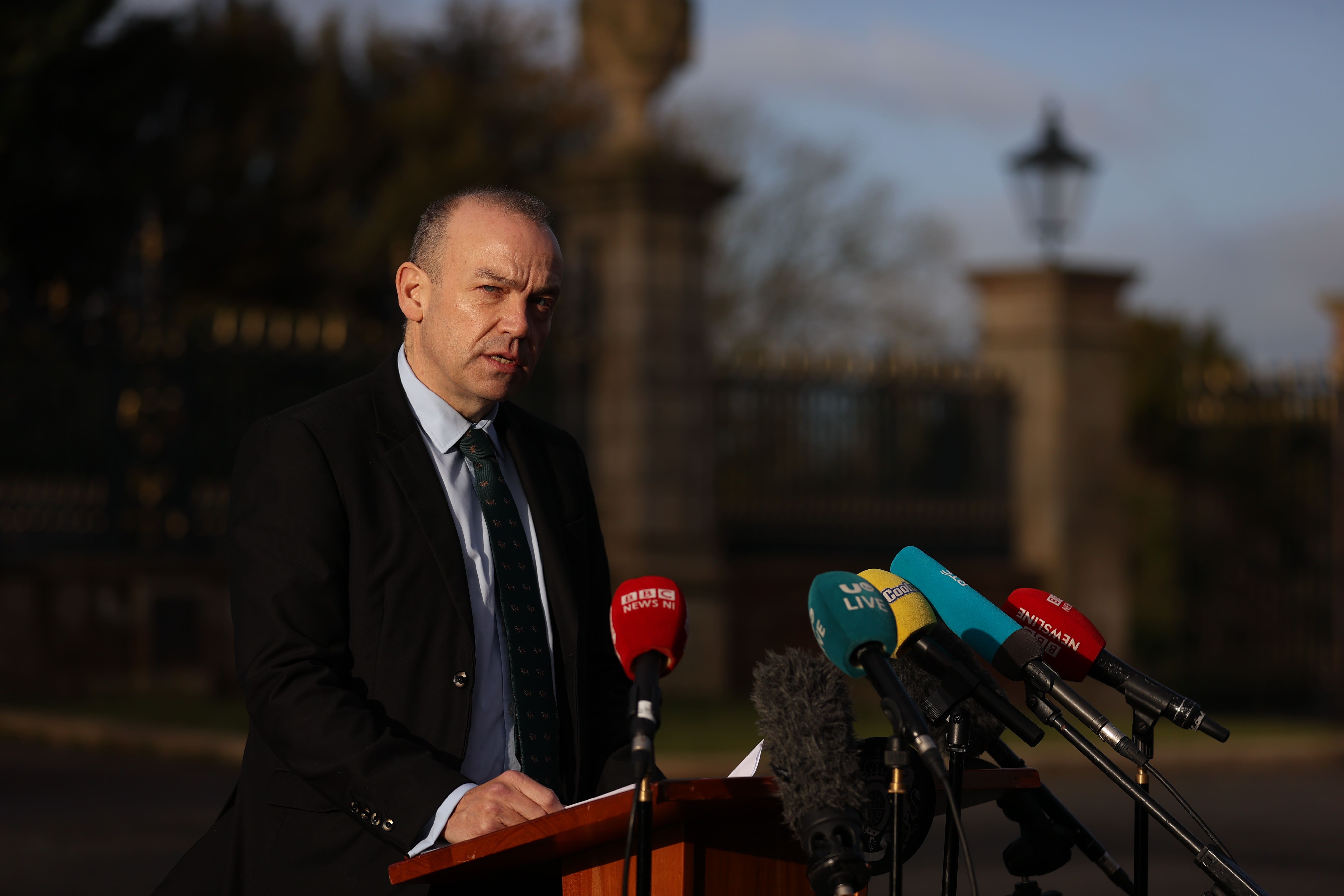 Northern Ireland Secretary Chris Heaton-Harris speaks to the media outside Hillsborough Castle (Liam McBurney/PA)