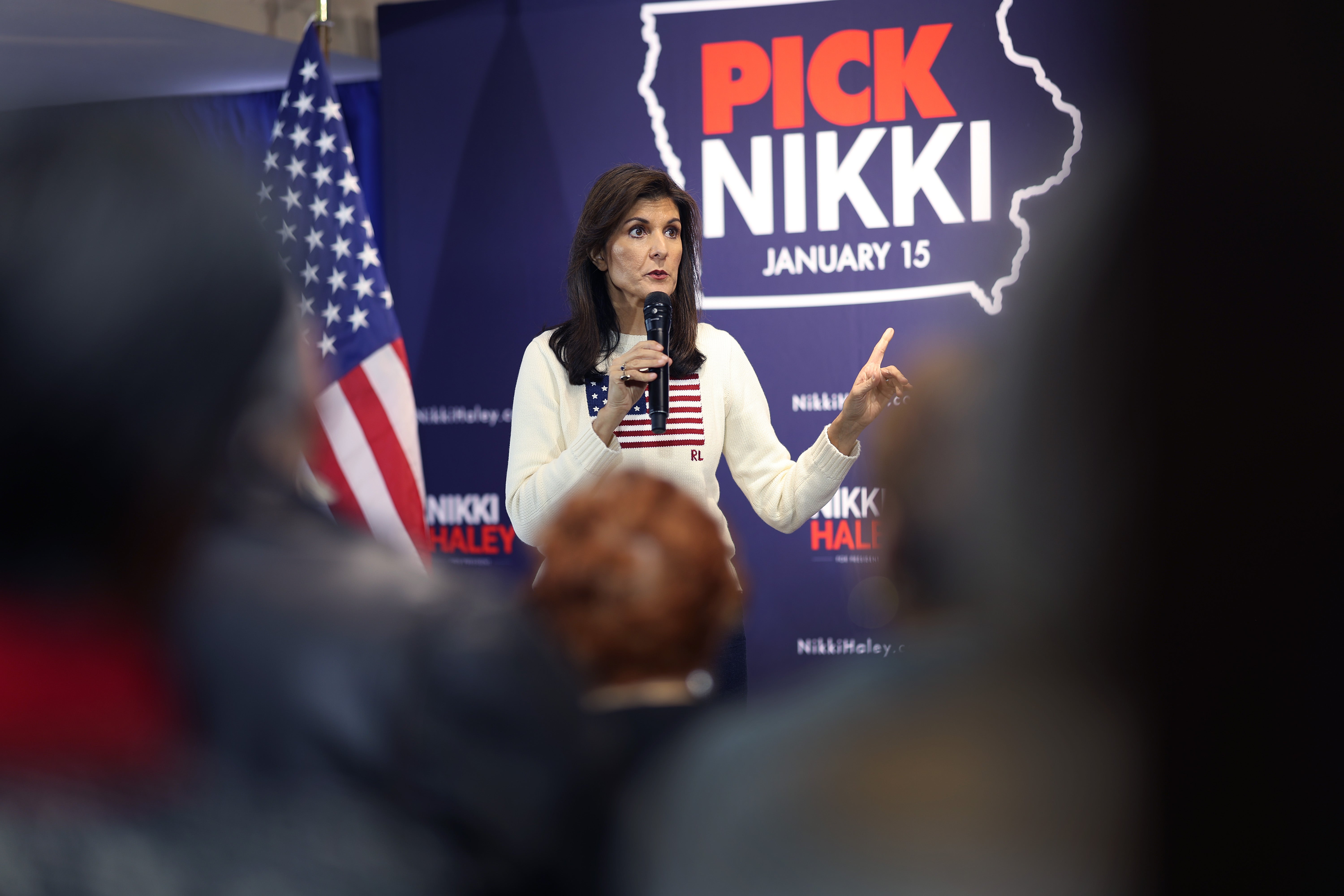 Nikki Haley addresses guests during a campaign stop in Nevada, Iowa, on 18 December 2023