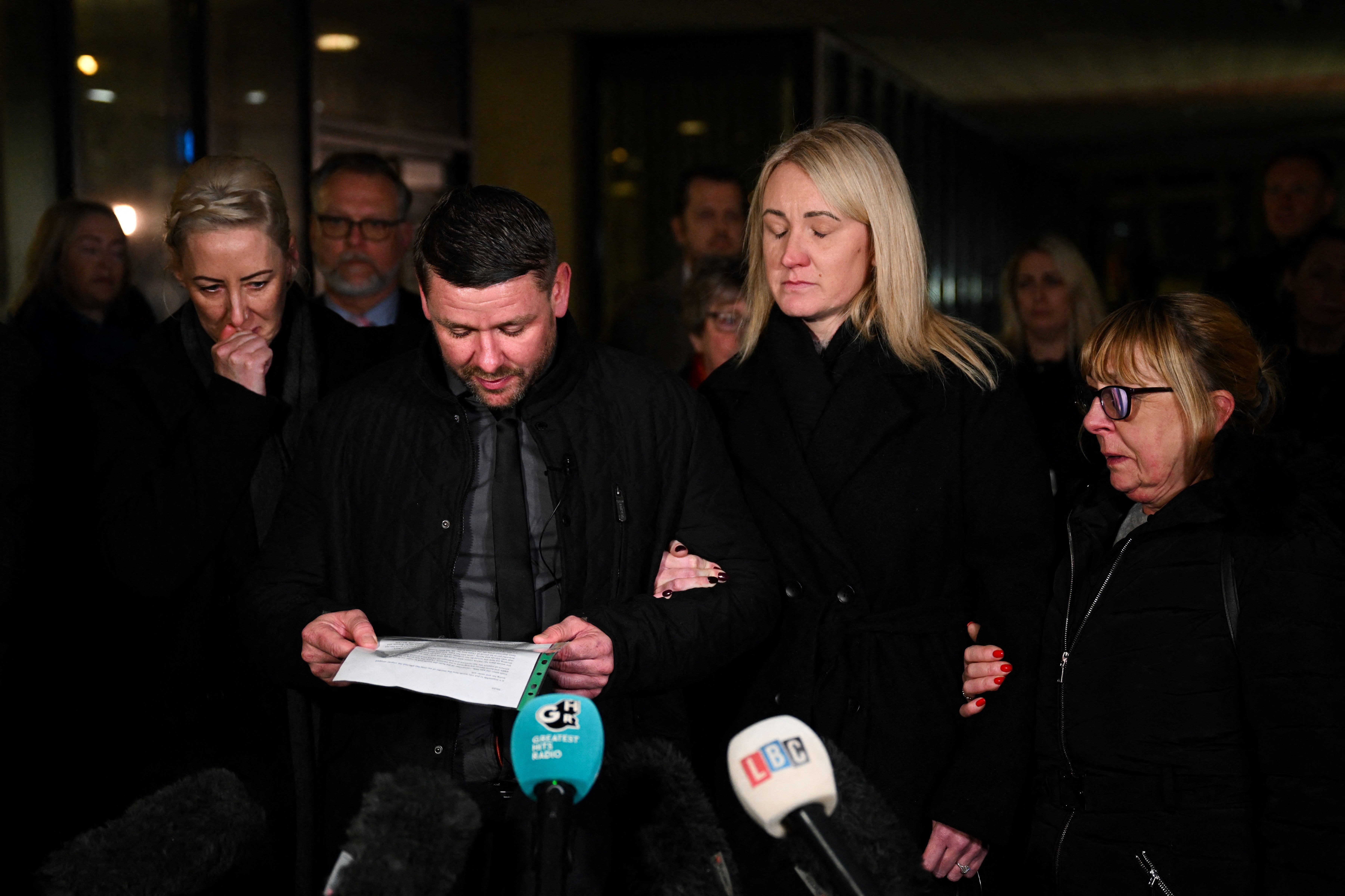 Peter Spooner, father of murdered teenager Brianna Ghey, reads a statement to the media outside of Manchester Crown Court