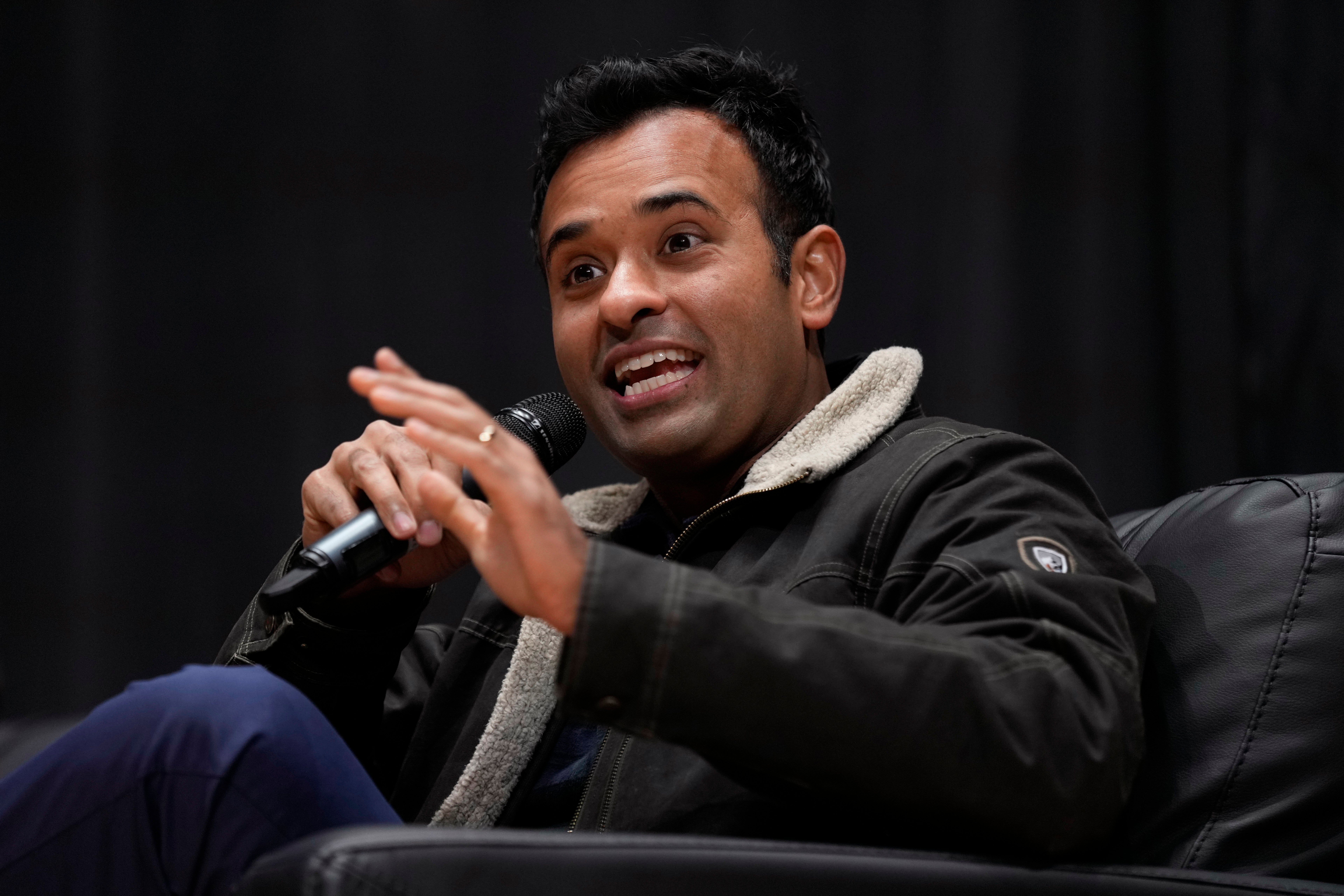 Republican presidential candidate businessman Vivek Ramaswamy speaks during U.S. Rep. Randy Feenstra's, R-Iowa, Faith and Family with the Feenstras event, Saturday, Dec. 9, 2023, in Sioux Center, Iowa