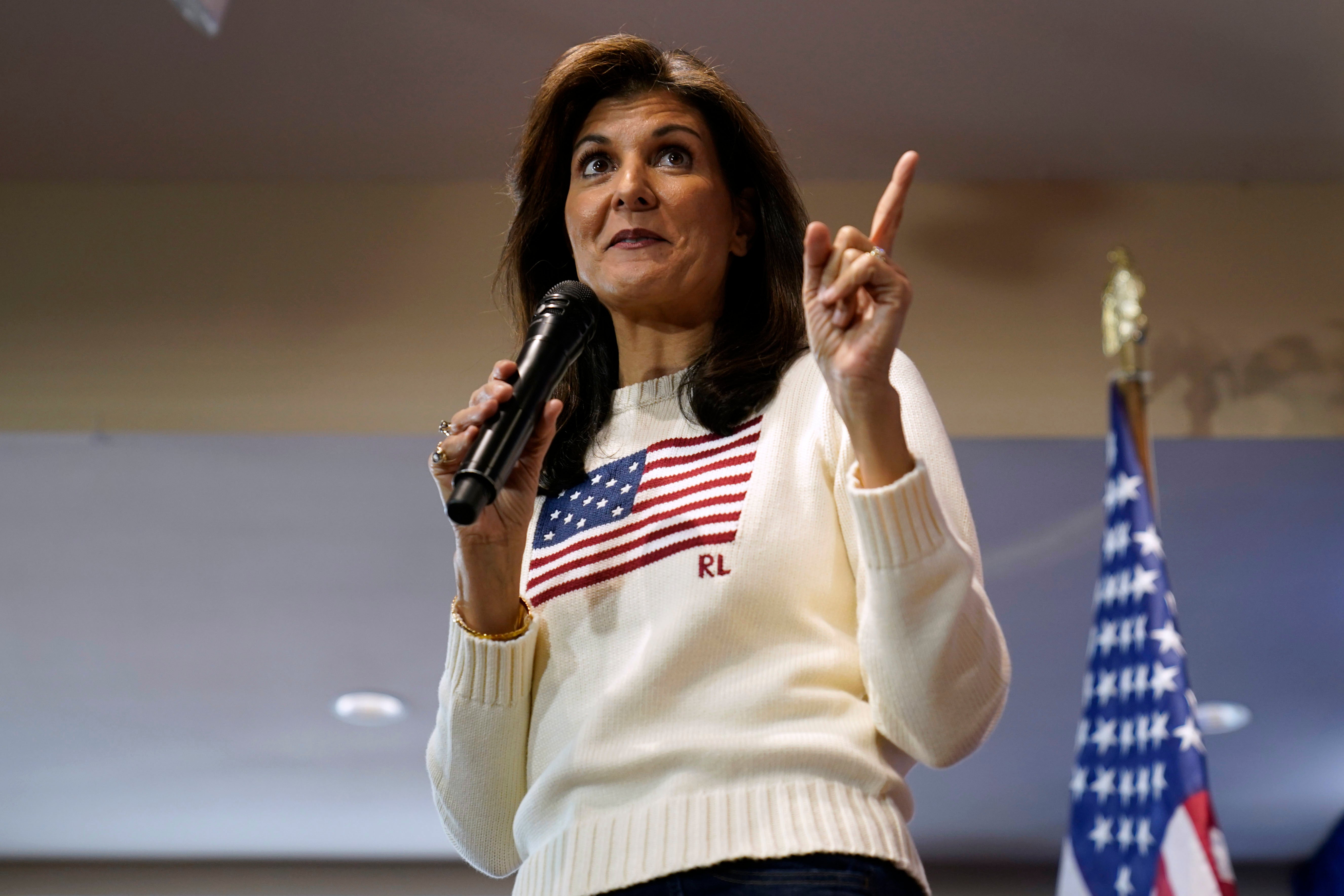 Republican presidential candidate Nikki Haley speaks during a town hall, Monday, Dec. 18, 2023, in Nevada, Iowa.