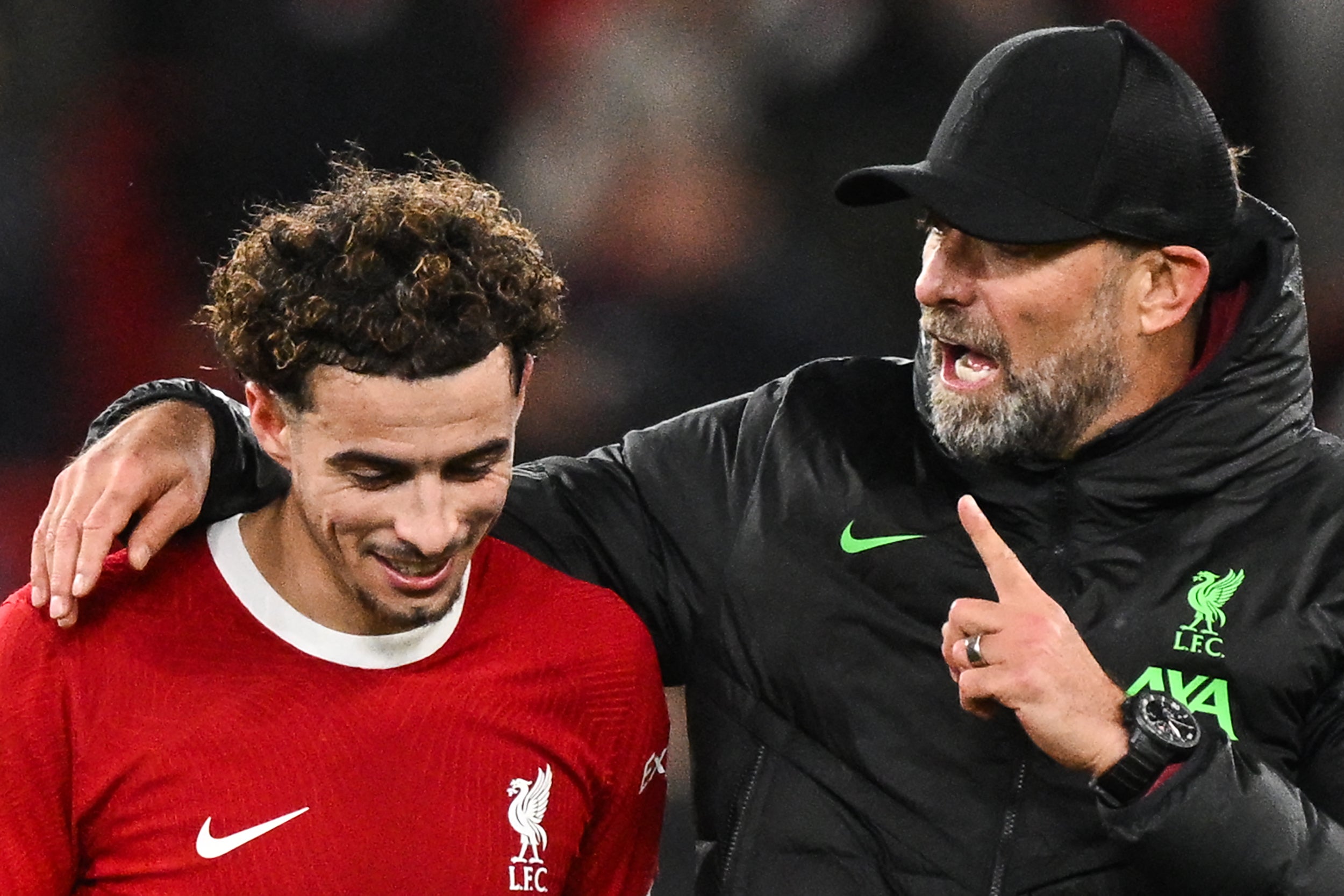 Curtis Jones is accosted by Jurgen Klopp after the full-time whistle