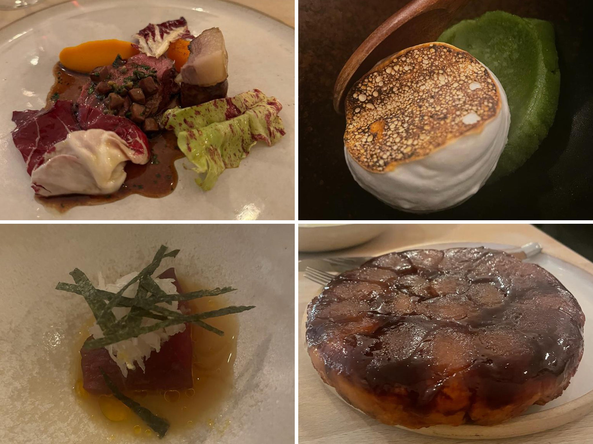 On the menu (clockwise from top left): fallow deer, farm herbs and meringue, Cornish blue fin tuna and tarte tatin