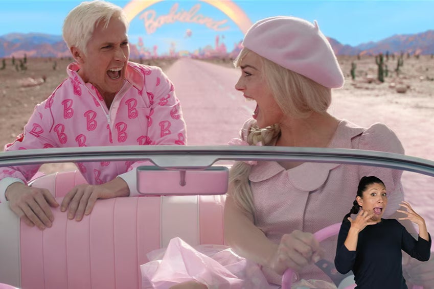 Ryan Gosling and Margot Robbie in ‘Barbie’, with ASL interpreter Leila Hanaumi