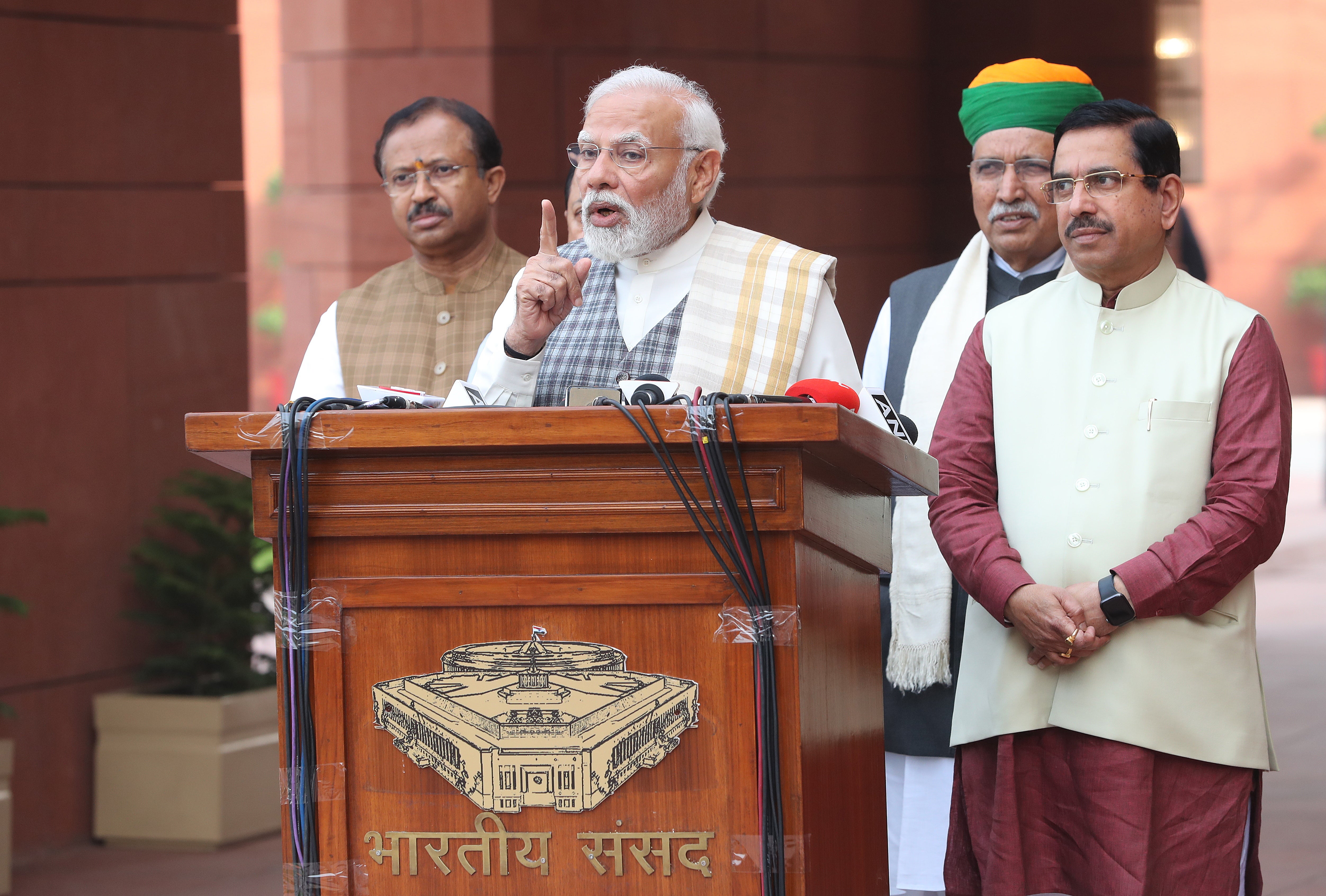 Indian prime minister Narendra Modi and cabinet ministers attend winter session at new Parliament House building