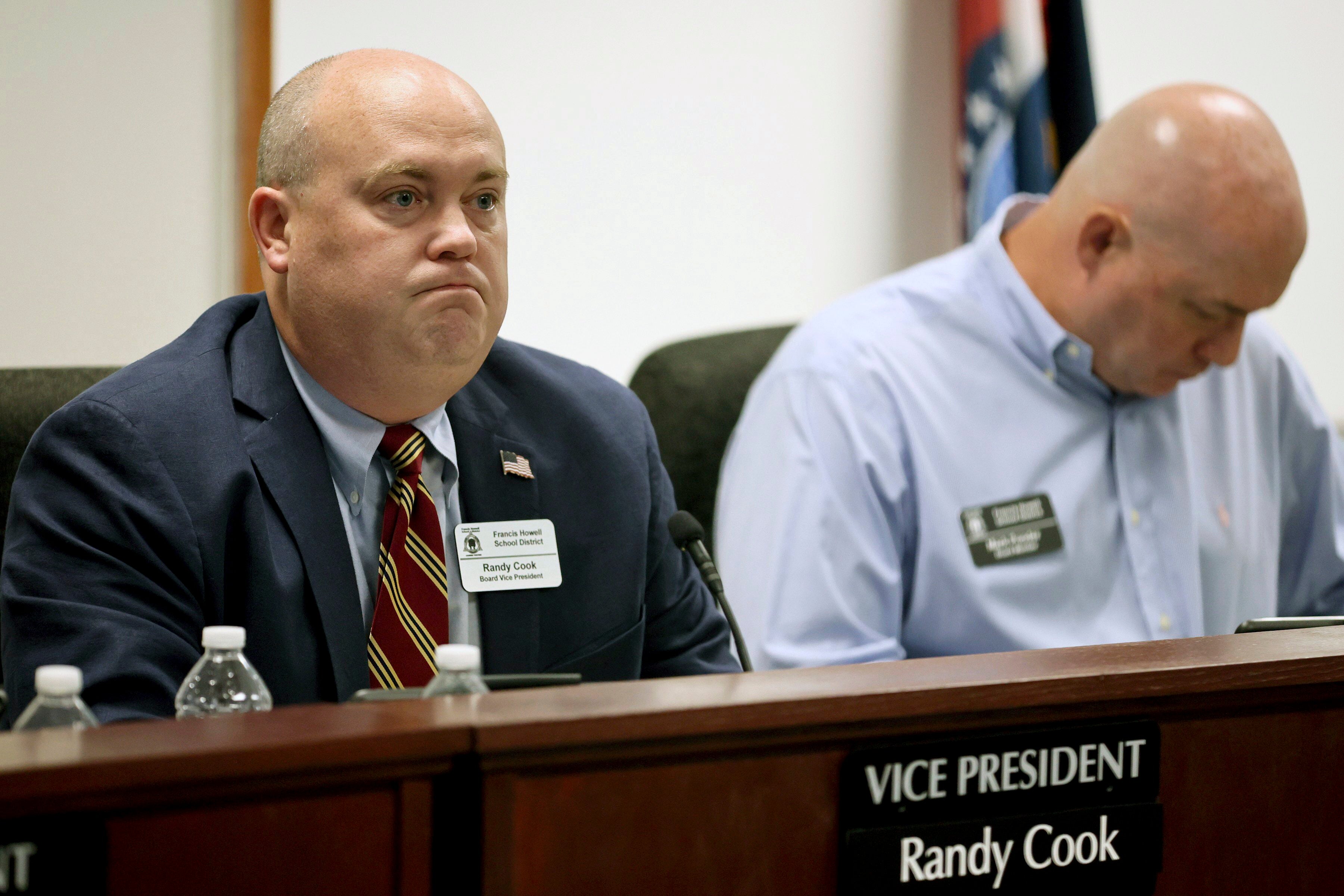 Francis Howell School Board member Randy Cook at a school board meeting alongside school board member Mark Ponder on 20 July 20 2023