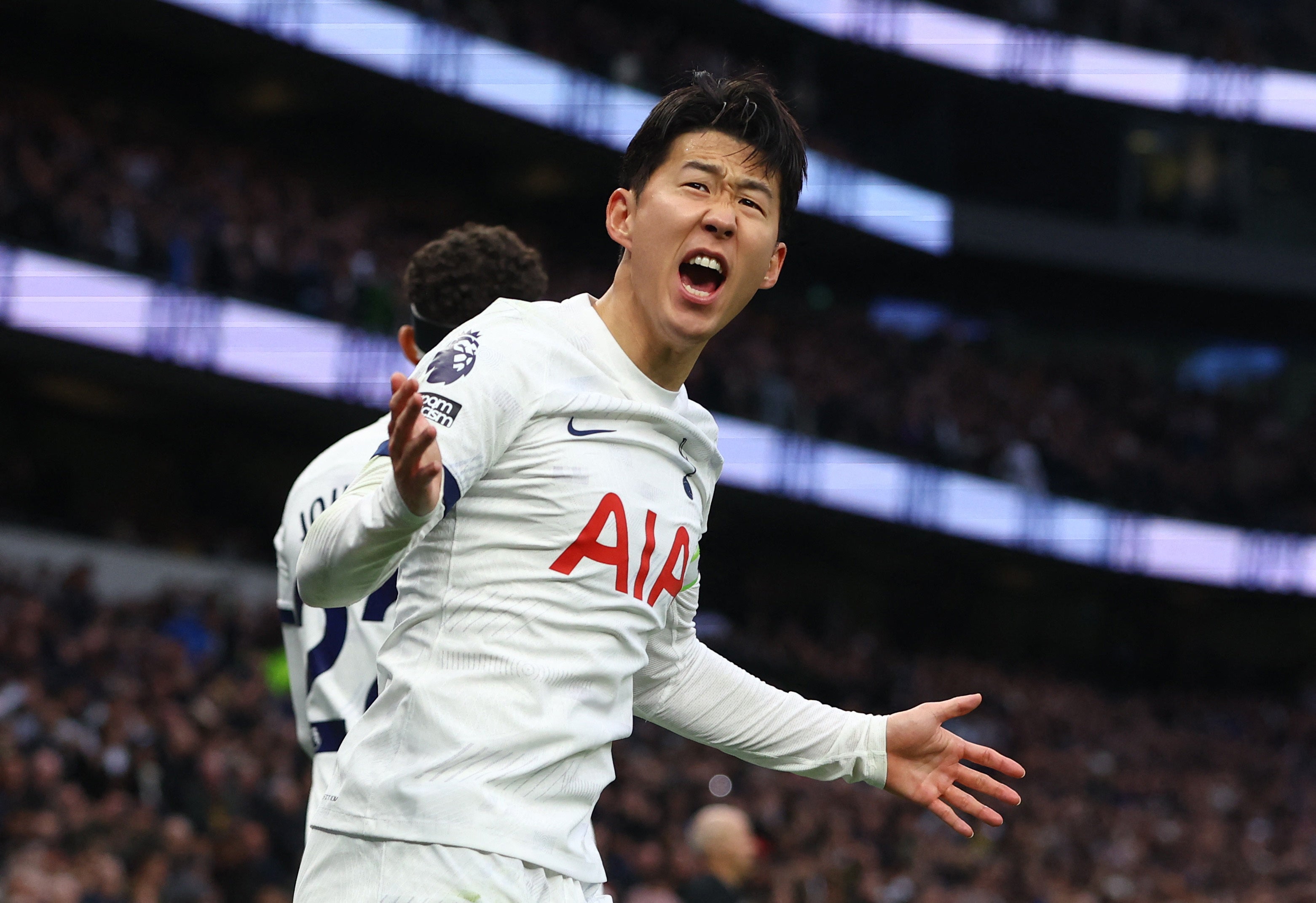 Son Heung-min celebrates after scoring Tottenham’s second goal