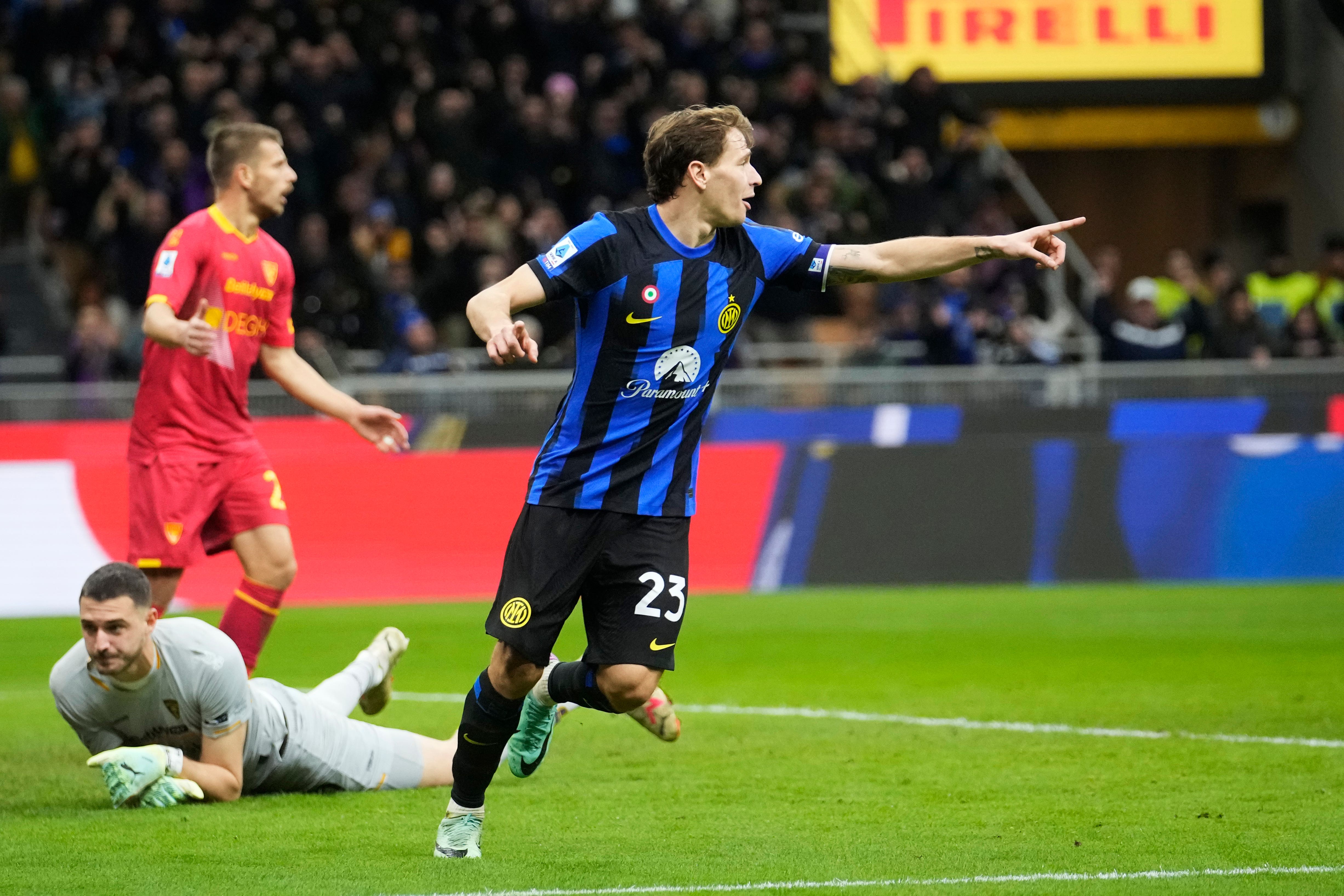 Inter Milan’s Nicolo Barella scored his side’s second as they beat 10-man Lecce 2-0 (Luca Bruno/AP)