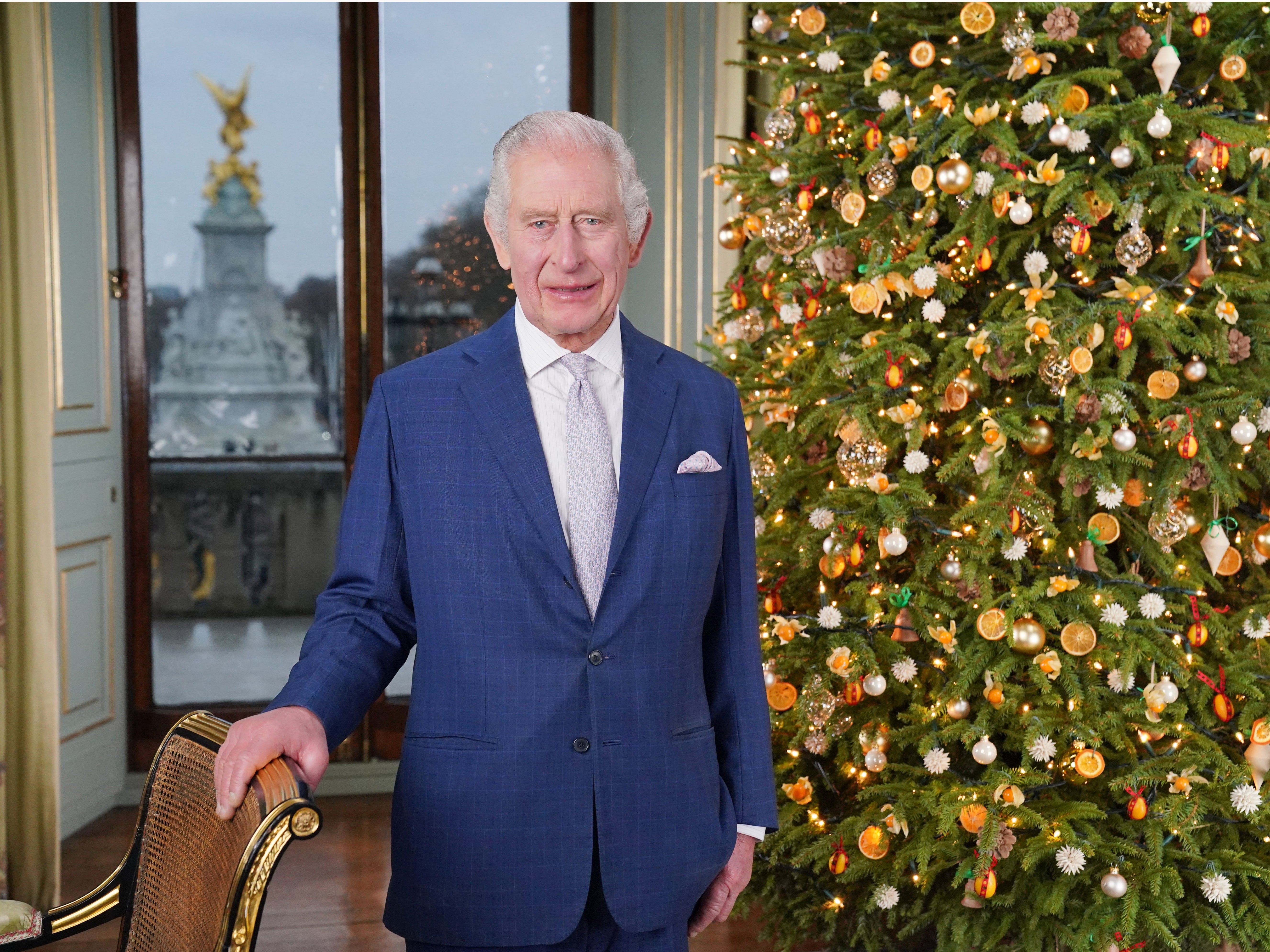 King Charles III during the recording of his Christmas message at Buckingham Palace