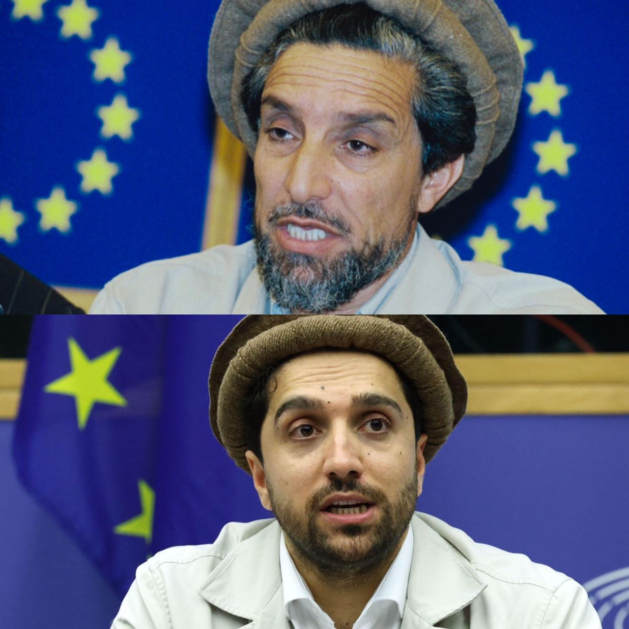 Massoud (below) takes his father’s role as he speaks during a meeting with the European Conservatives and Reformists group on the sidelines of a plenary session at the European parliament in Strasbourg, eastern France