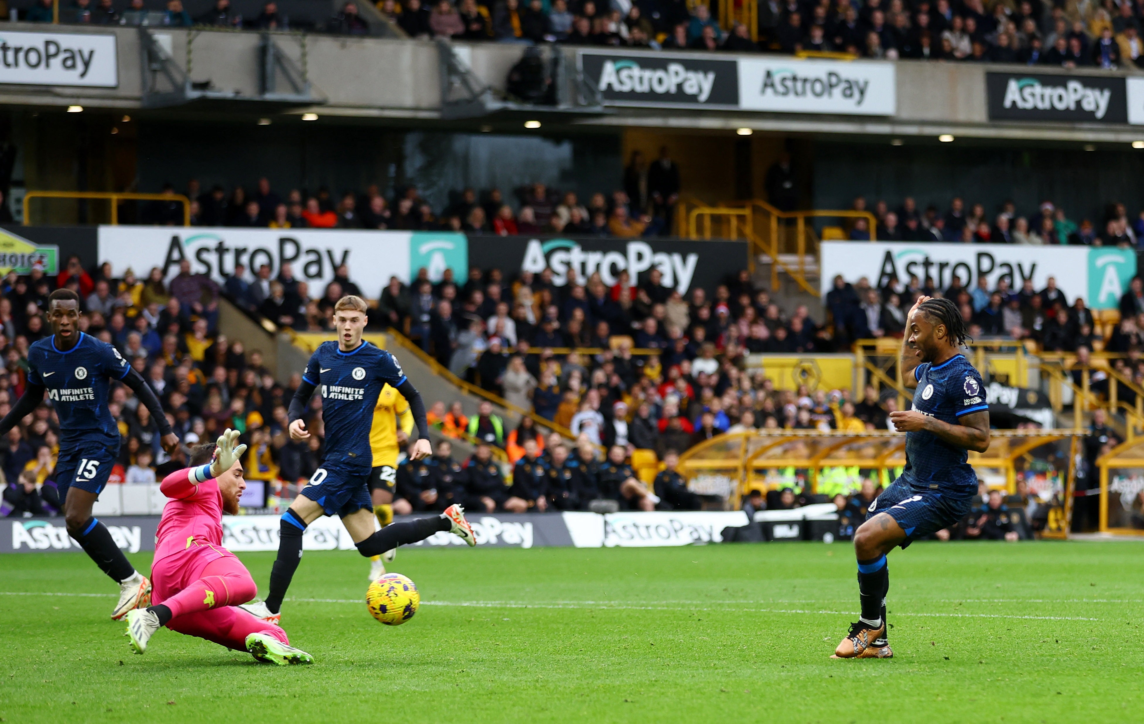 Sterling’s shot was saved by Sa when both Jackson and Palmer were free