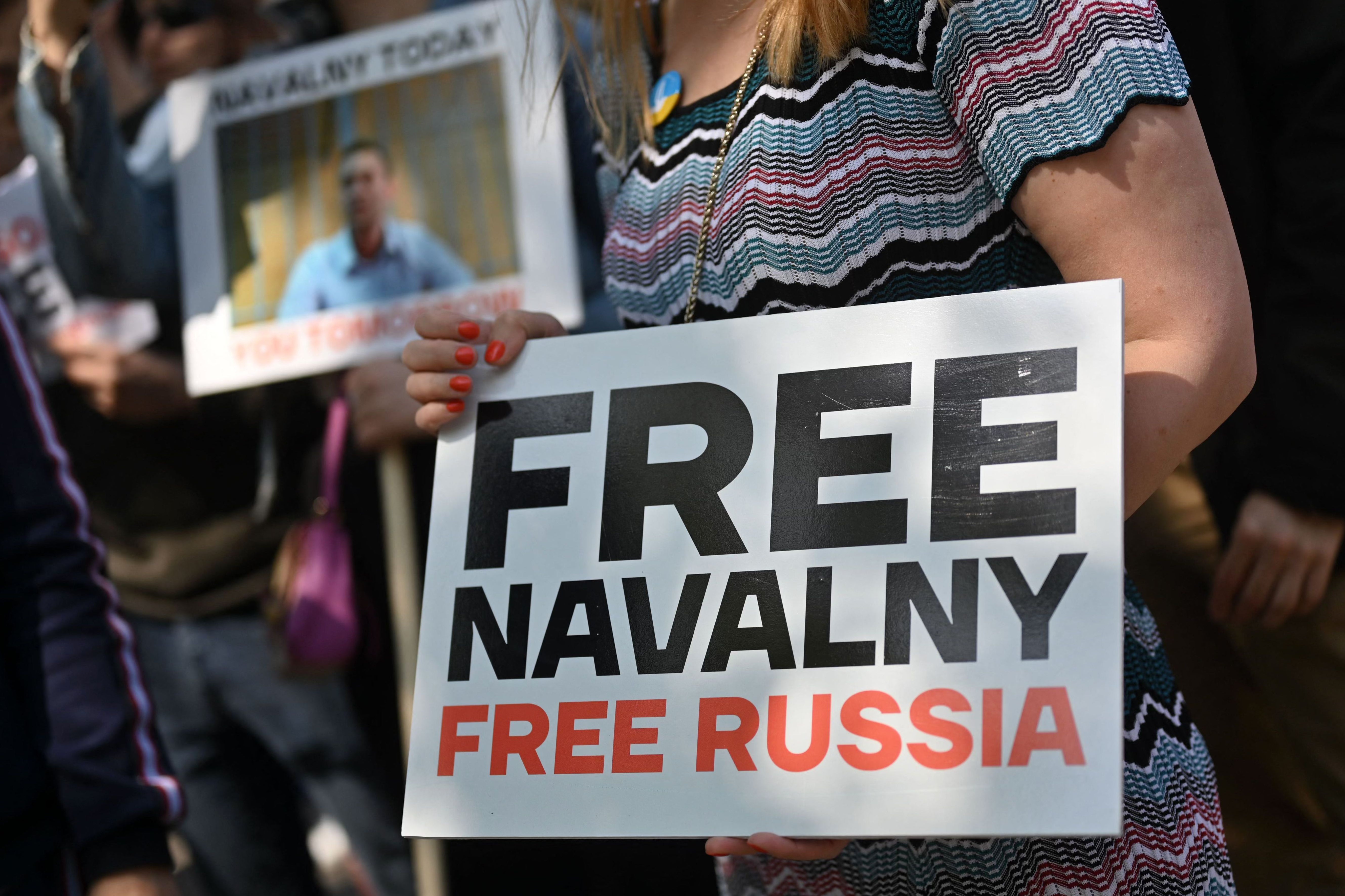 Protesters show their support for Navalny on his 47th birthday earlier this year outside the Russian embassy in London