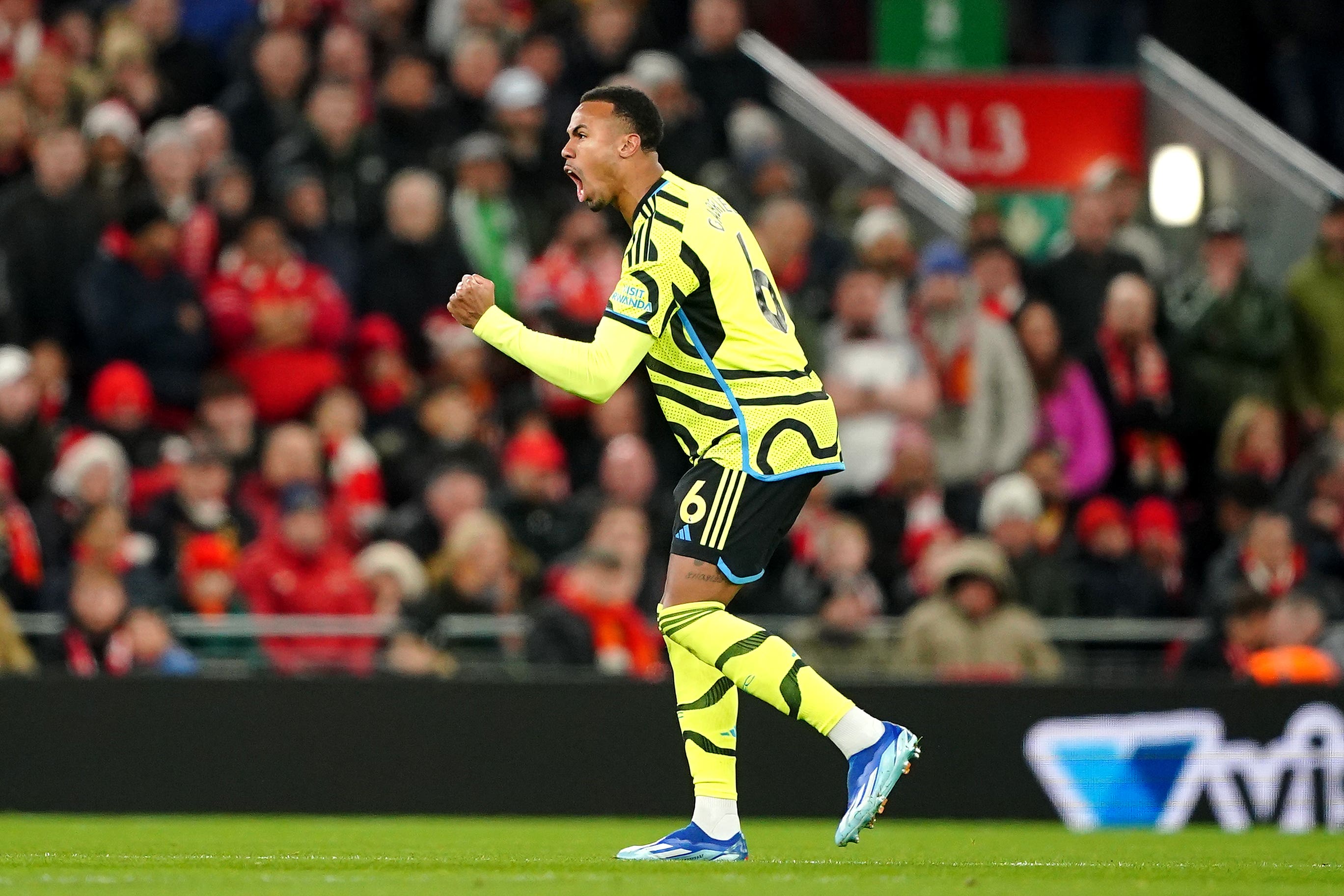 Arsenal defender Gabriel headed his side into an early lead in a 1-1 draw at Liverpool, which kept the Gunners top of the Premier League (Peter Byrne/PA)