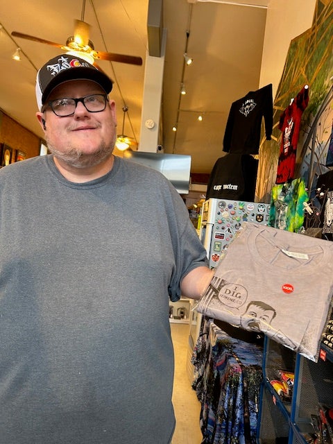 Bobby Davis, 45, sells El Chapo t-shirts at FloCo Gallery and Gifts on the Main Street of Florence, just a stone’s throw from the Supermax where the infamous drug kingpin is imprisoned