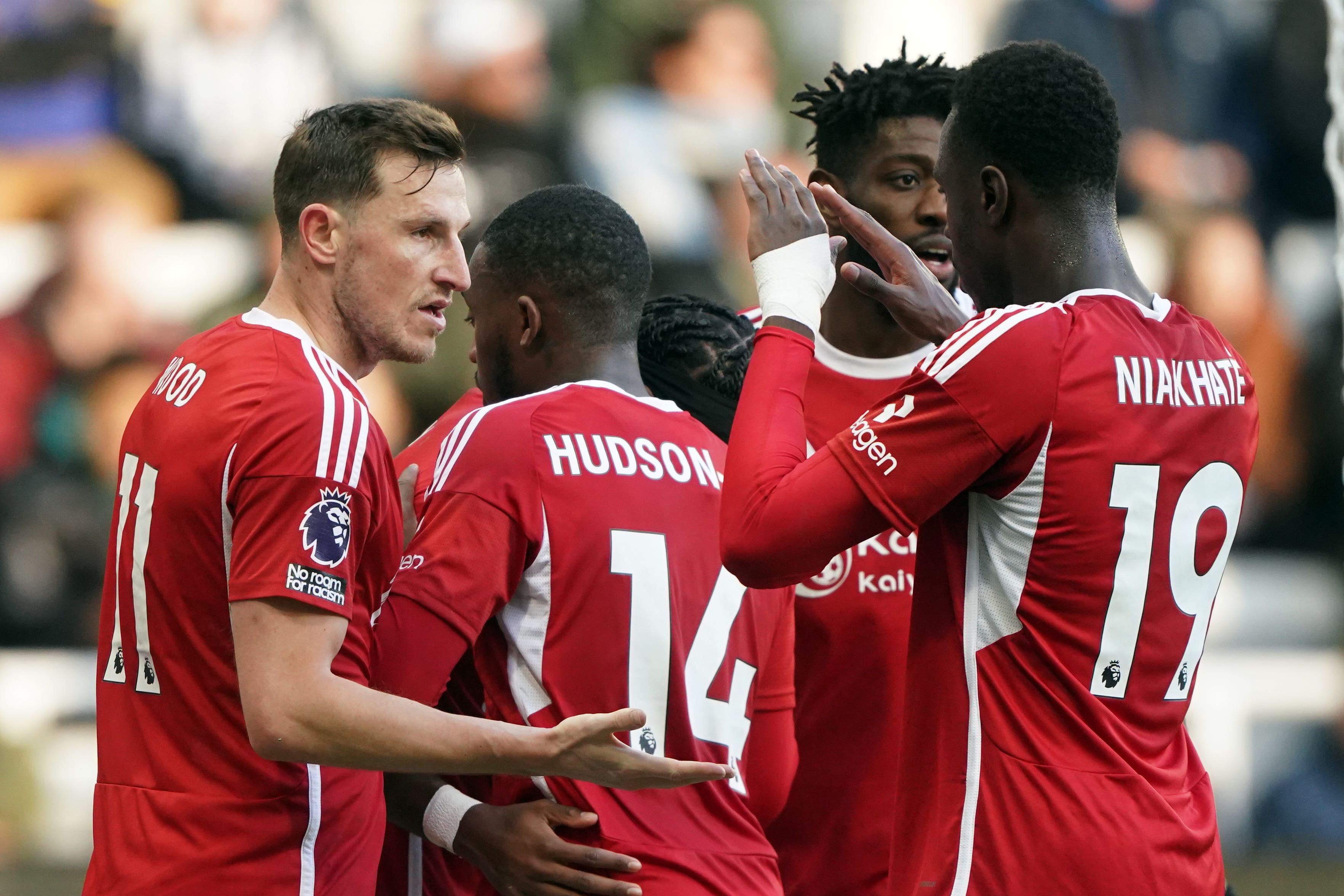 Nottingham Forest’s Chris Wood (left) celebrates his first goal at Newcastle (Owen Humphreys/PA)