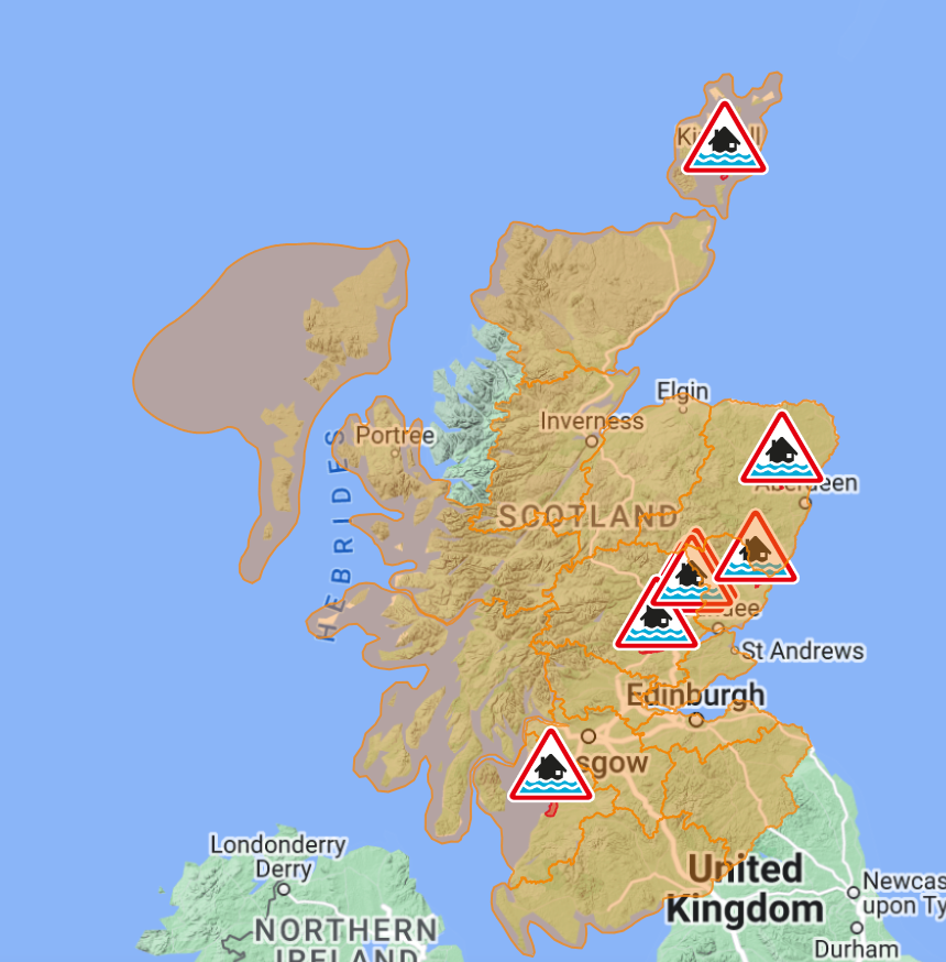 Nine flood warnings are in force in Scotland, while nearly all of the country is subject to lesser flood alerts (shown as orange on the map)