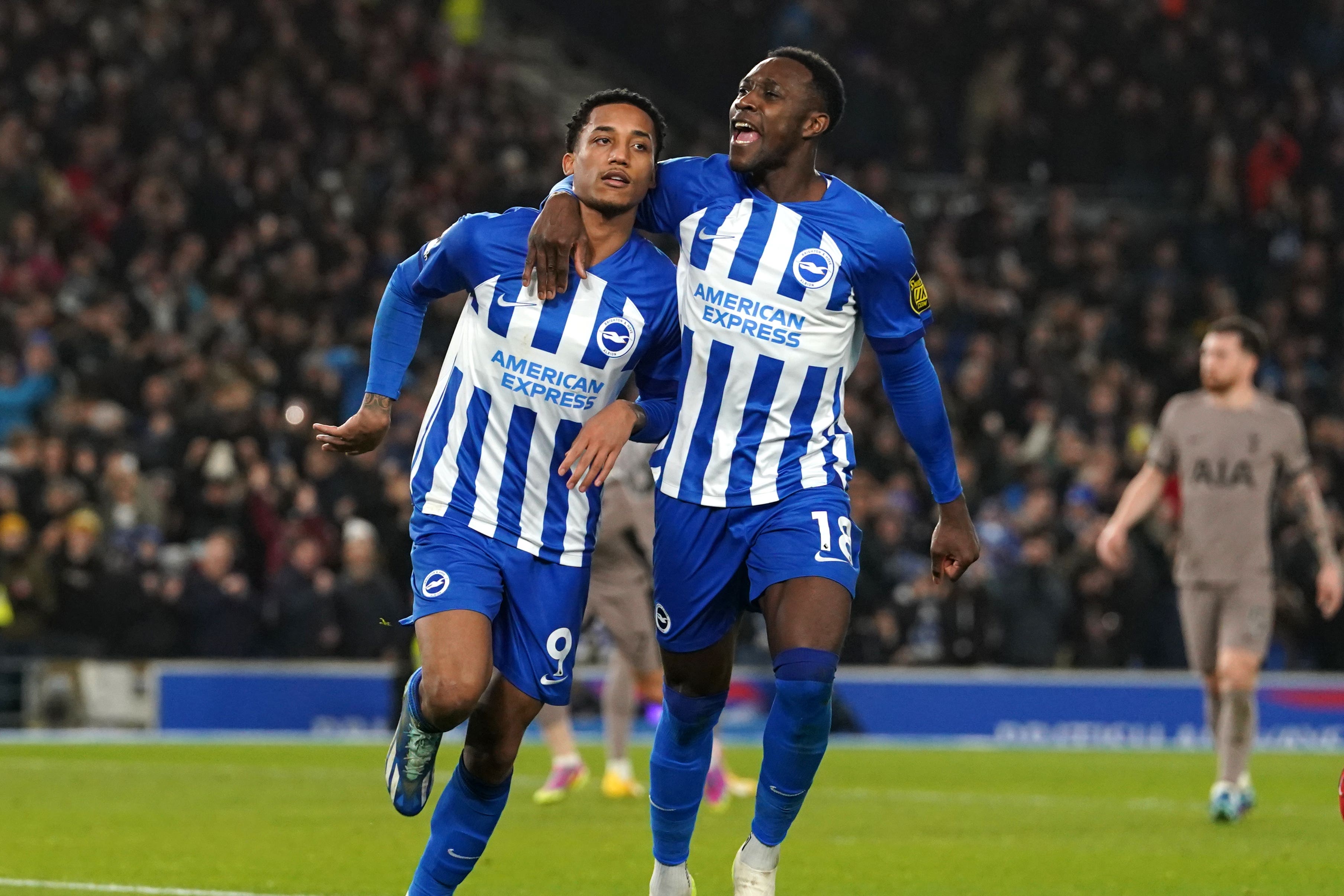 Joao Pedro, left, scored twice in Brighton’s 4-2 victory over Tottenham (Gareth Fuller/PA)