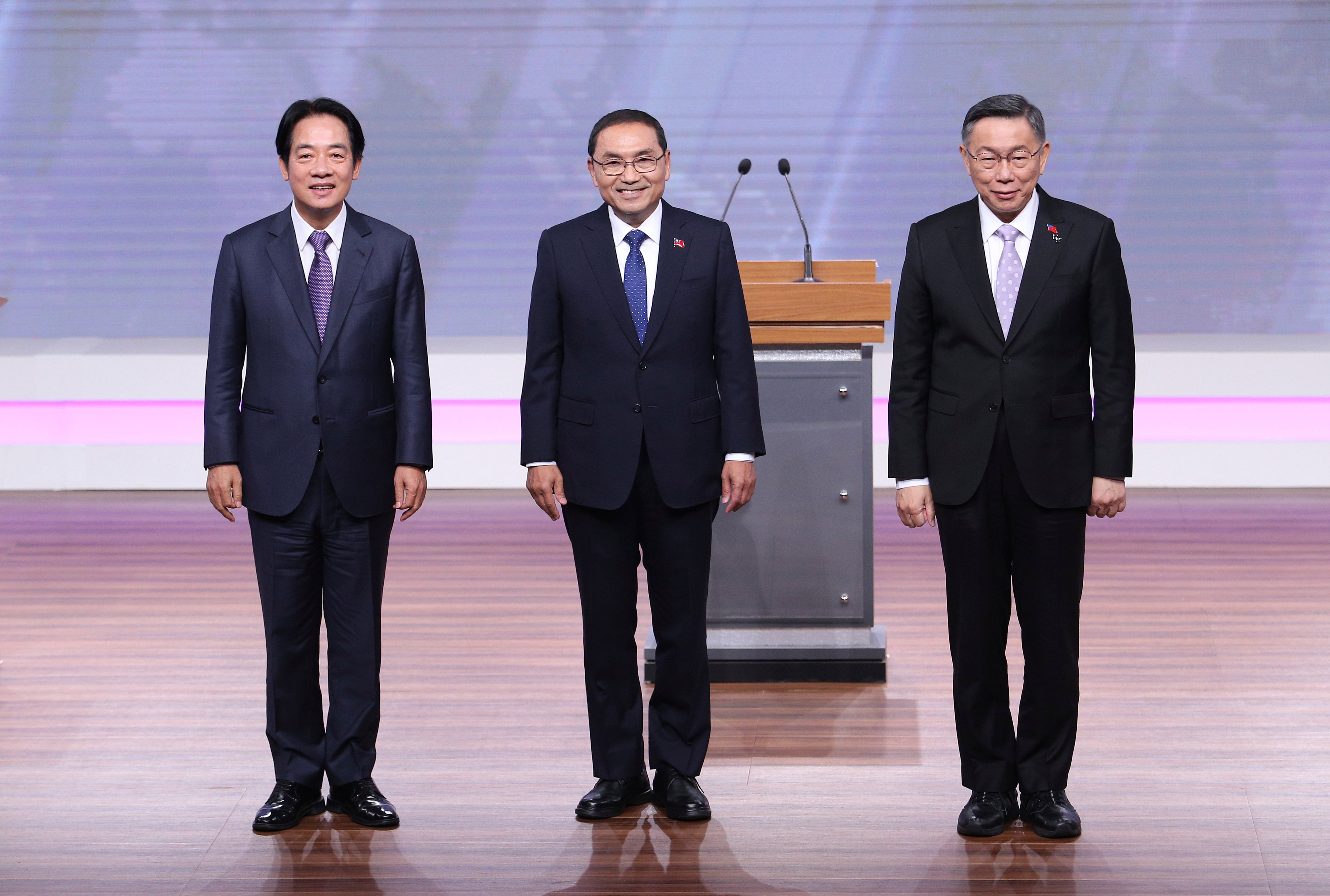 Presidential candidates, from left: William Lai (or Lai Ching-te), Hou Yu-ih and Ko Wen-je before a TV debate