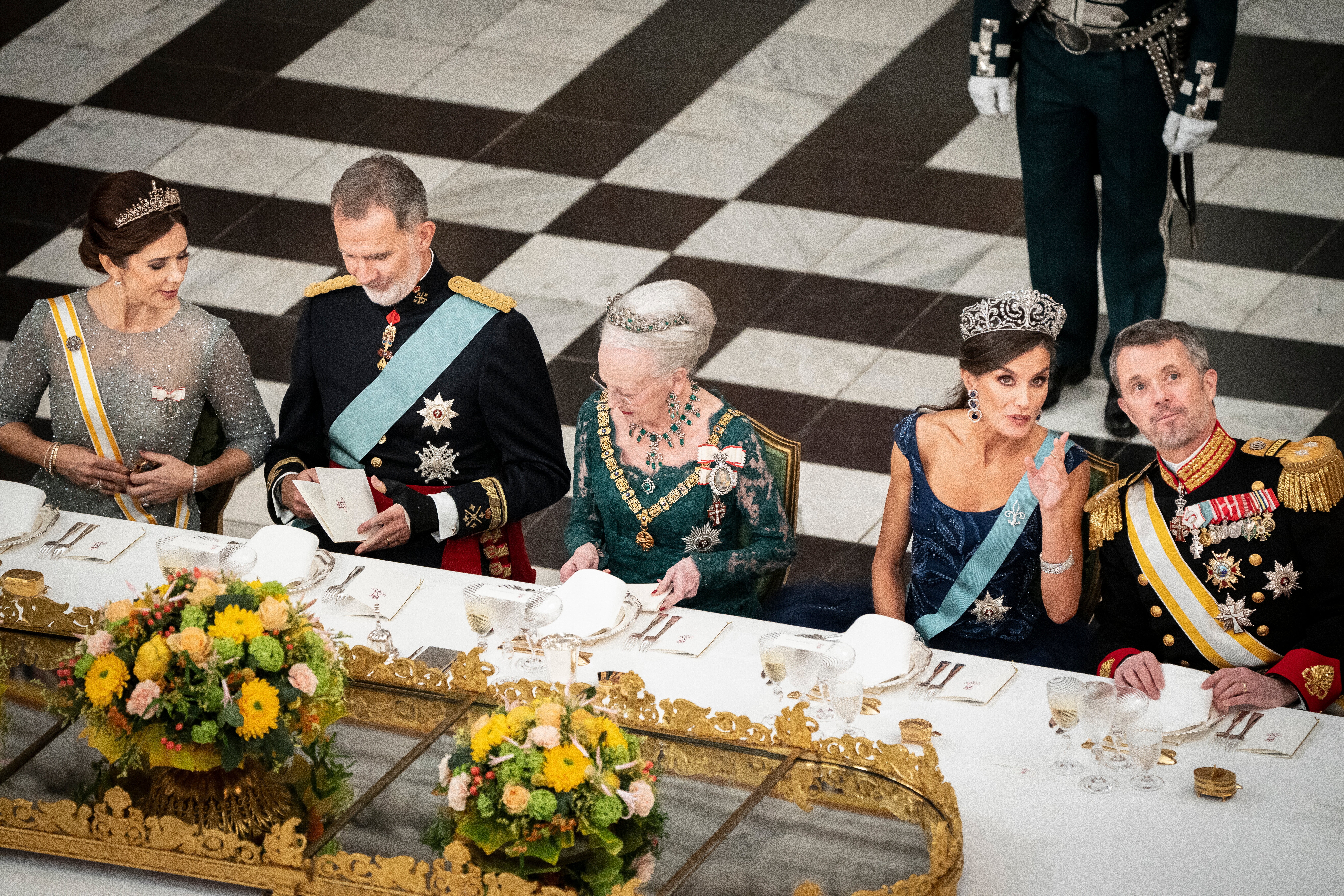 Danish Crown Prince Frederik (far right) will succeed Queen Margrethe II of Denmark (centre). They are pictured at a state banquet with Danish Crown Princess Mary, King Felipe VI of Spain and Queen Letizia of Spain