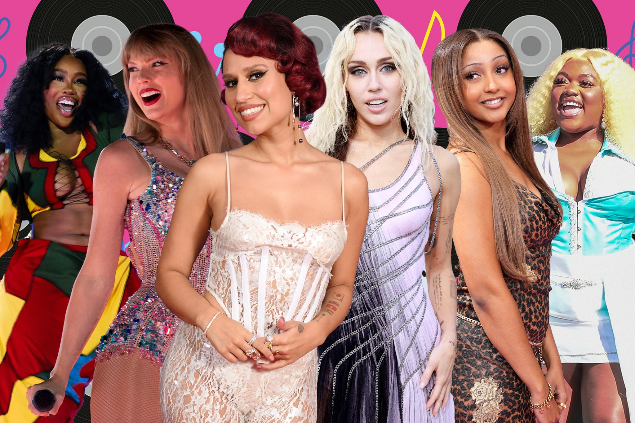 L-R: SZA, Taylor Swift, RAYE, Miley Cyrus, PinkPantheress and Libianca were behind some of the biggest songs of 2023