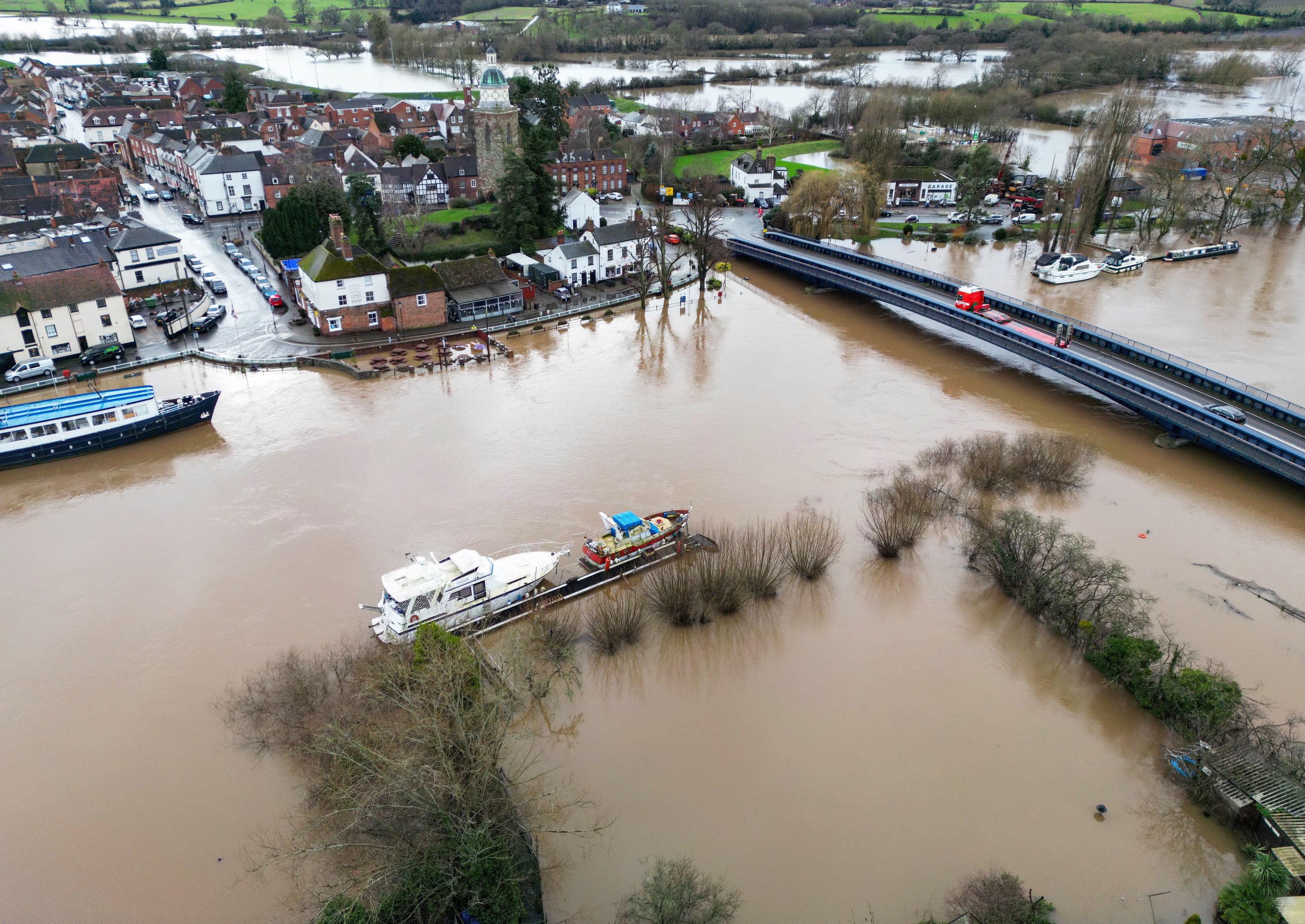 Flooding around the town of Upton on Severn in Worcestershire as UK is hit by Storm Henk