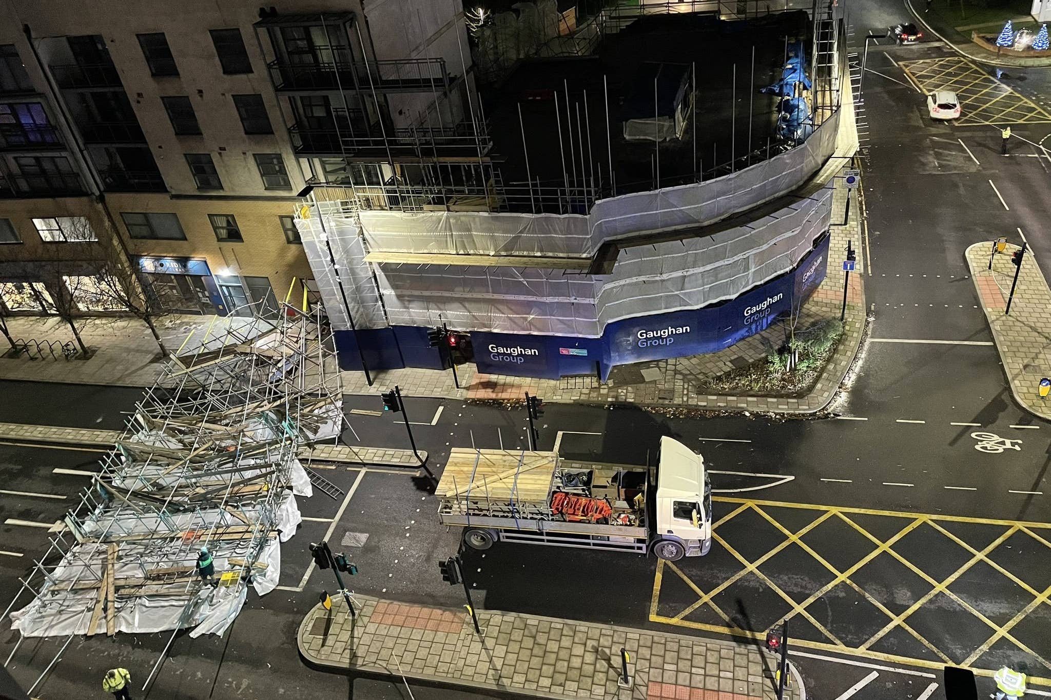 Scaffolding that fell off the front of a building on Creek Road (Catherine Woodhouse/PA)