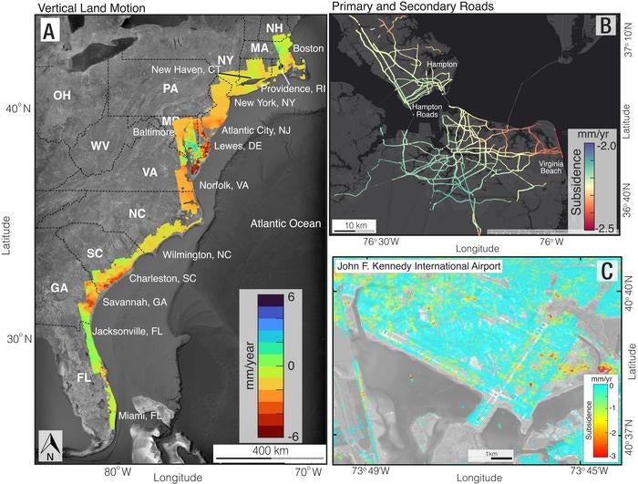 Vertical land motion on the US East Coast (left); primary, secondary, and interstate roads in Hampton Roads, VA (top right), and JFK Airport (bottom right). Note that the yellow orange and red areas on these maps indicate sinking