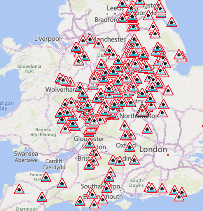 Flood warnings cover much of central England