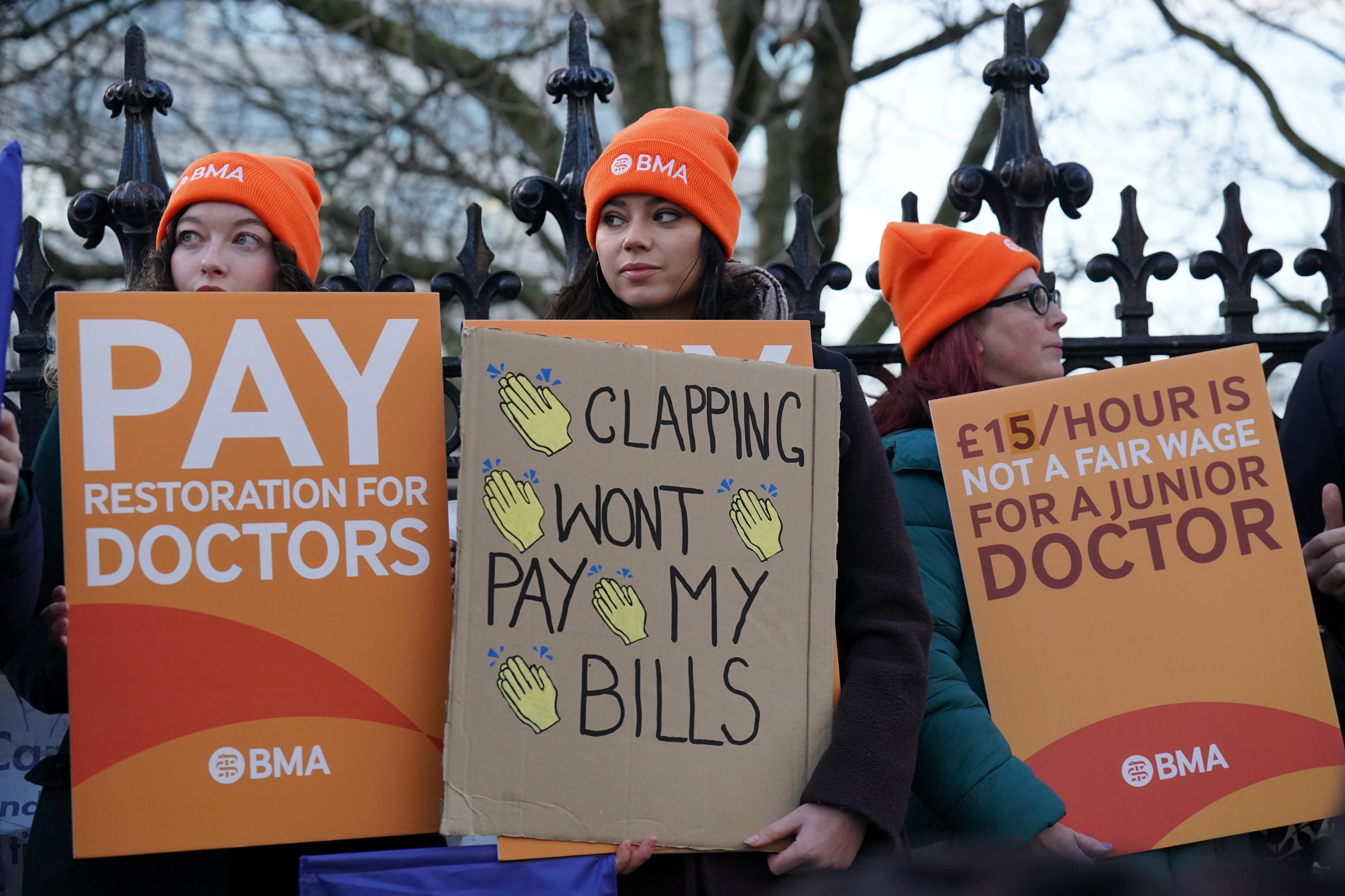 Junior doctors and members of the British Medical Association outside St Thomas’ Hospital (PA)