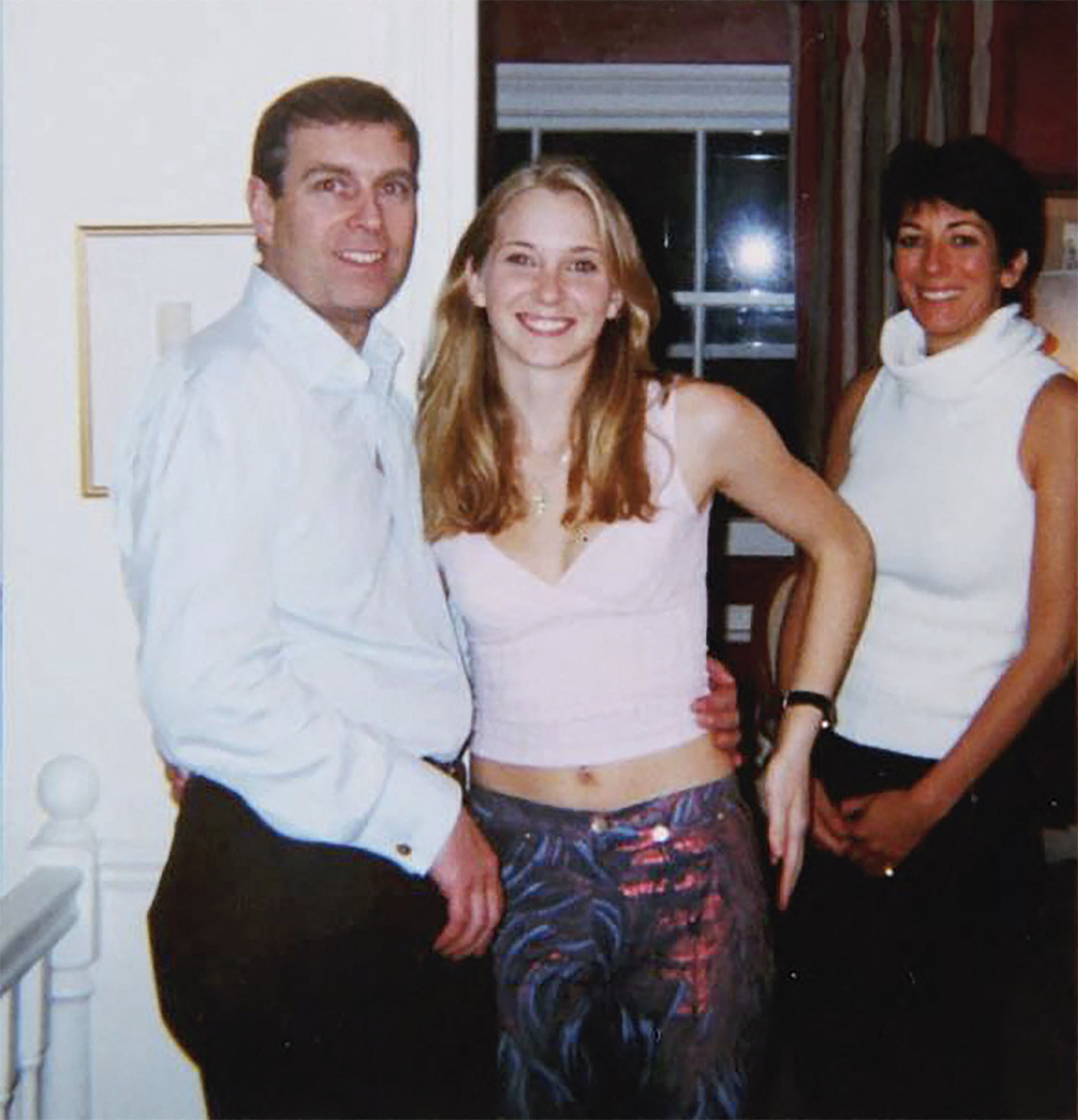 Prince Andrew (left) with Virginia Giuffre (centre) and Ghislaine Maxwell (right)