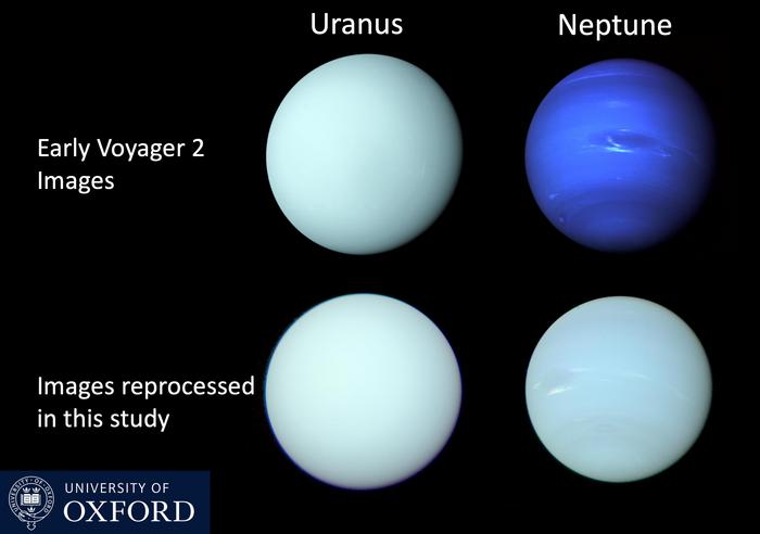 Voyager 2/ISS images of Uranus and Neptune released shortly after the Voyager 2 flybys in 1986 and 1989, respectively, compared with a reprocessing of the individual filter images in this study to determine the best estimate of the true colours of these planets