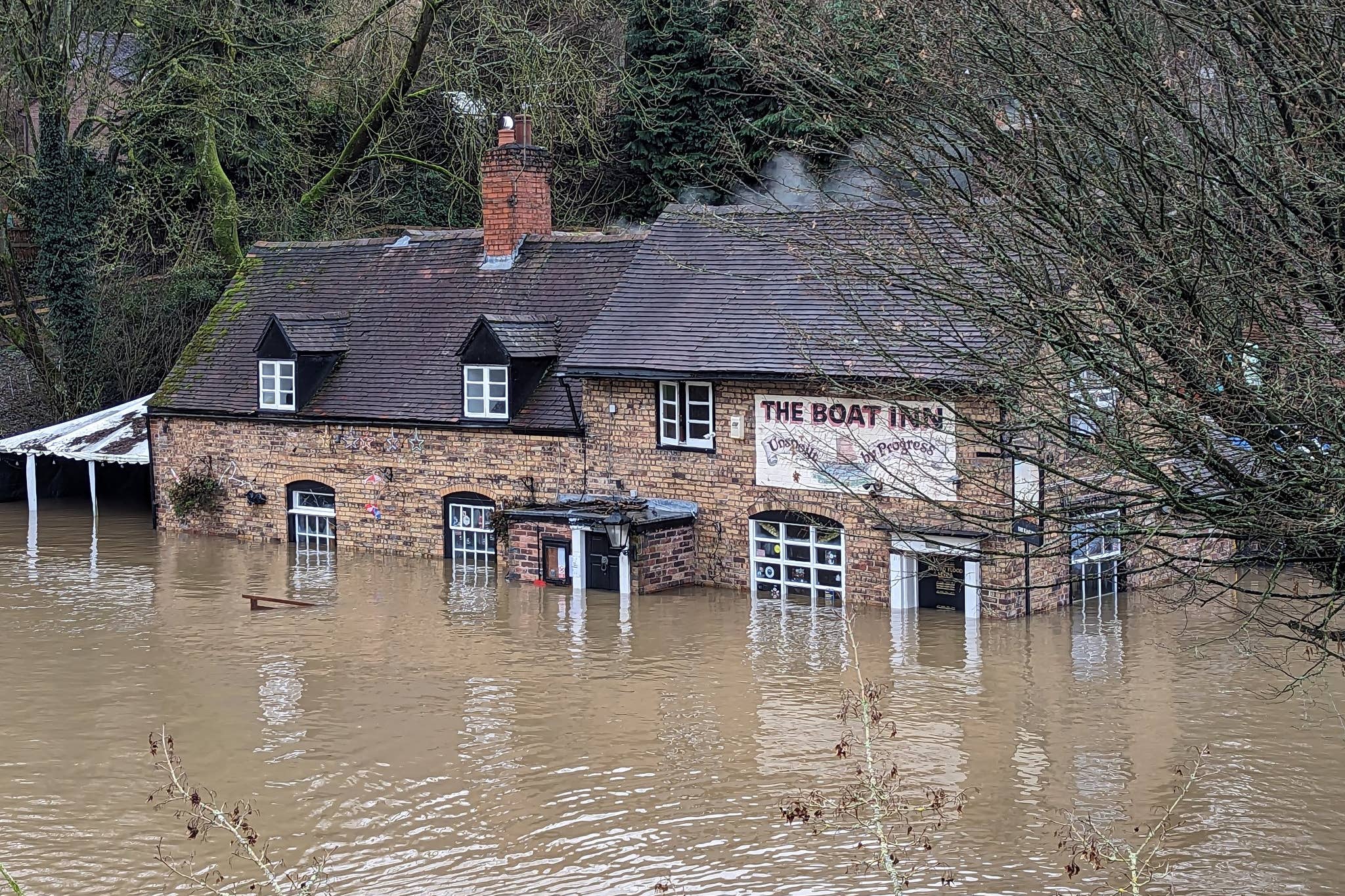 The Boat Inn pub in Jackfield, Shropshire, after heavy flooding on Thursday (Liam Ball/PA)