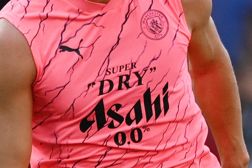 Manchester City’s training kit is sponsored by Japanese beer brand Asahi