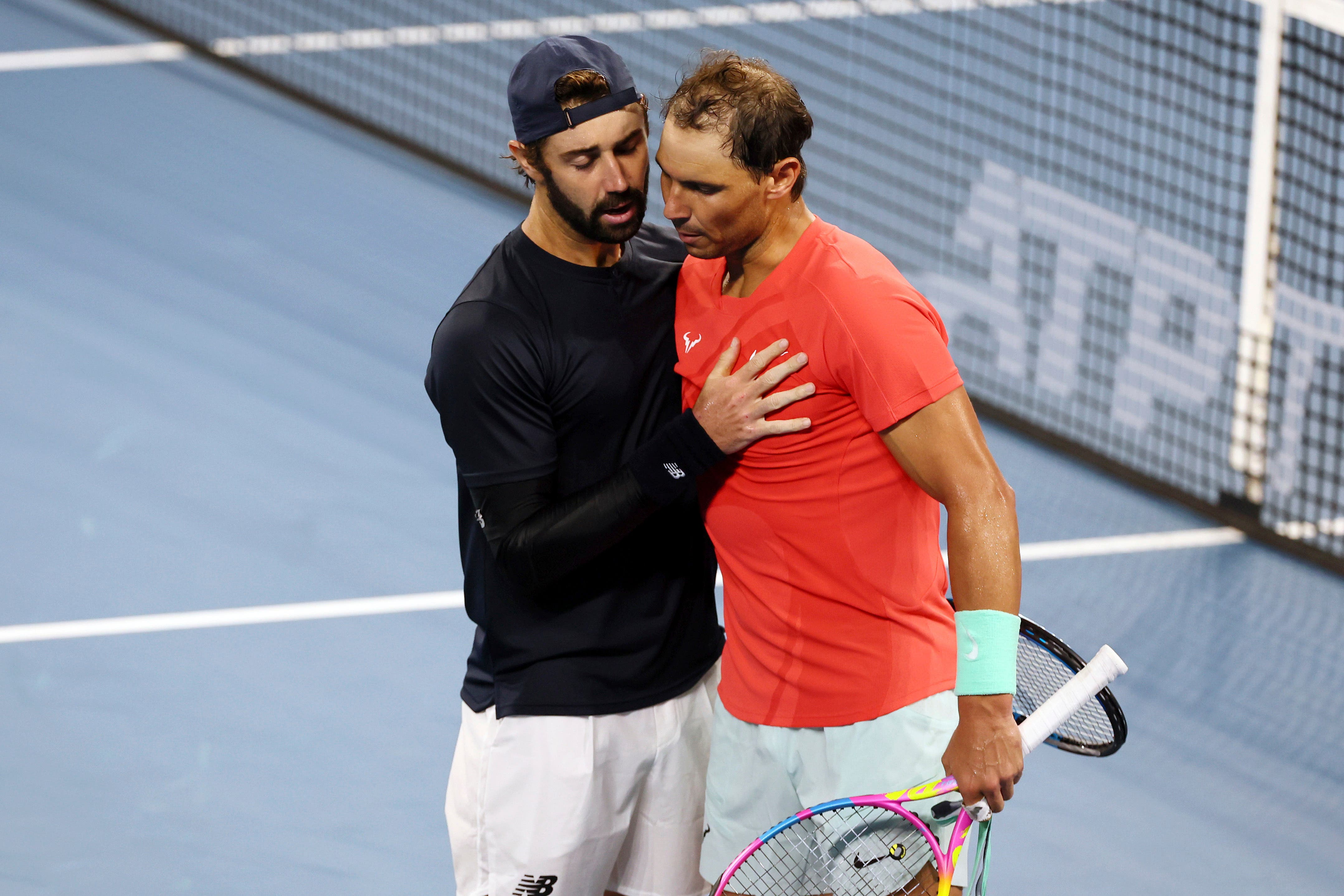 Rafael Nadal, right, lost to Jordan Thompson (Tertius Pickard/AP)