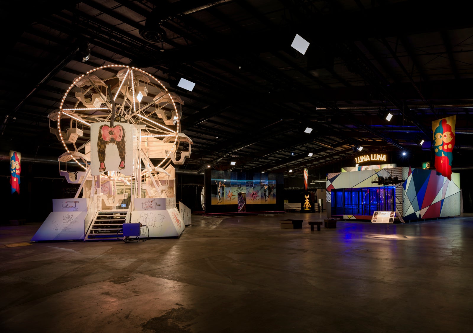 Jean-Michel Basquiat’s Ferris wheel, with Roy Lichtenstein’s Luna Luna Pavilion and Salvador Dalí’s Dalídom in the background