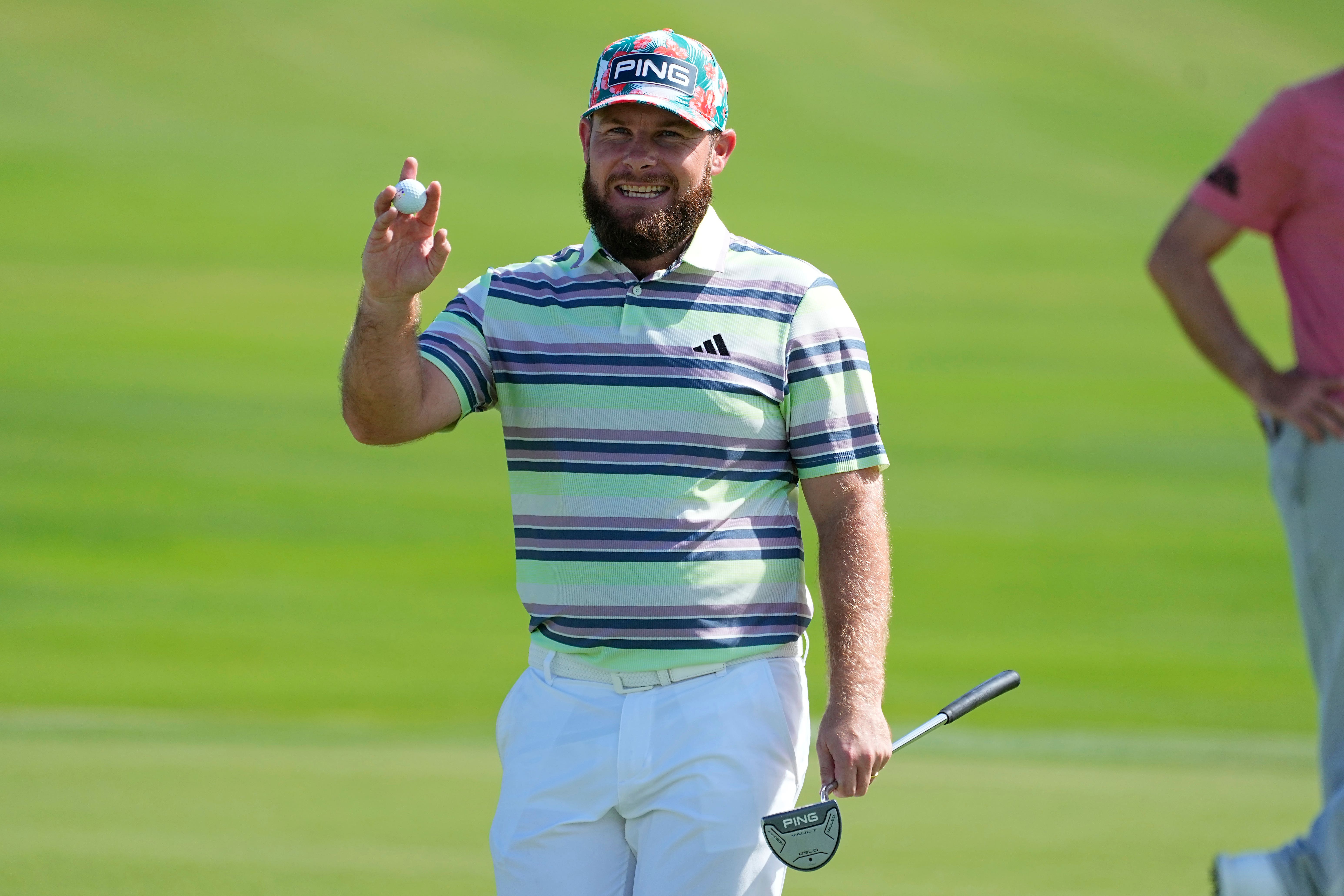 Tyrrell Hatton reacts after making eagle on the 18th green during the second round of The Sentry golf event, Friday, Jan. 5, 2024, at Kapalua Plantation Course in Kapalua, Hawaii. (AP Photo/Matt York)