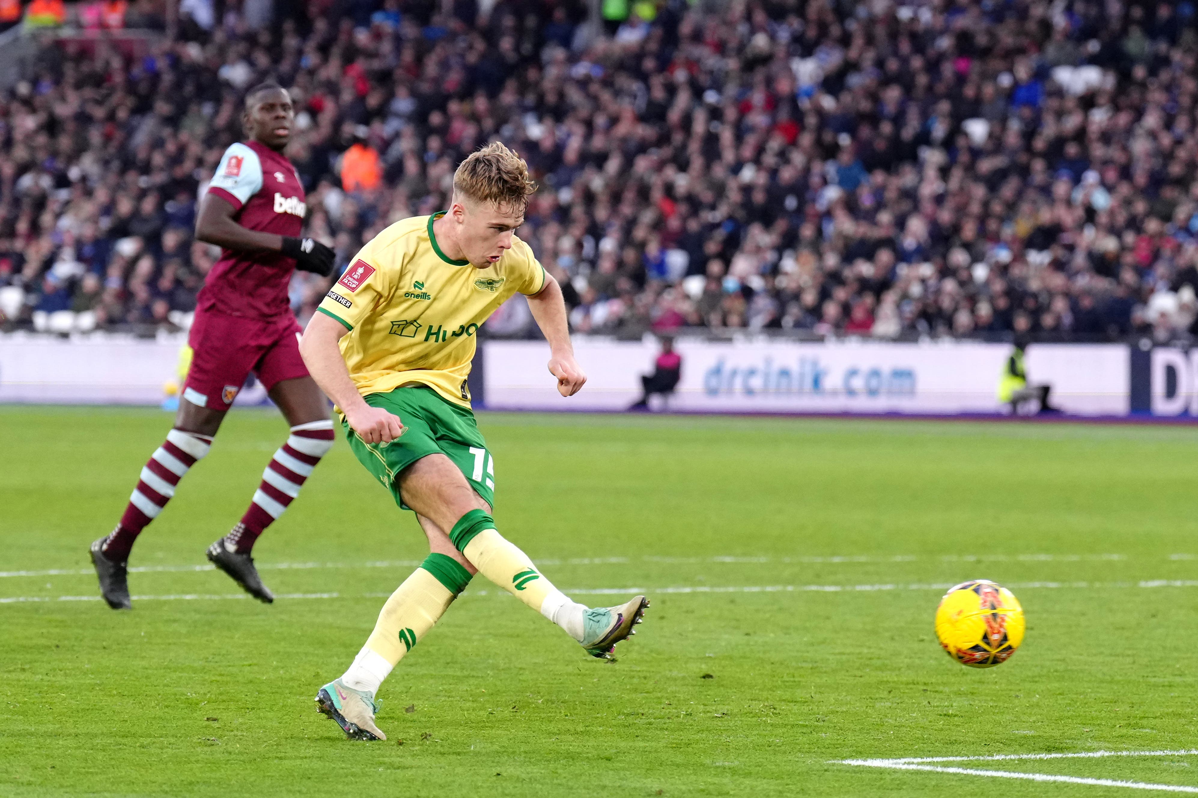 Tommy Conway grabs Bristol City’s equaliser in a 1-1 FA Cup third round draw at West Ham (John Walton/PA).