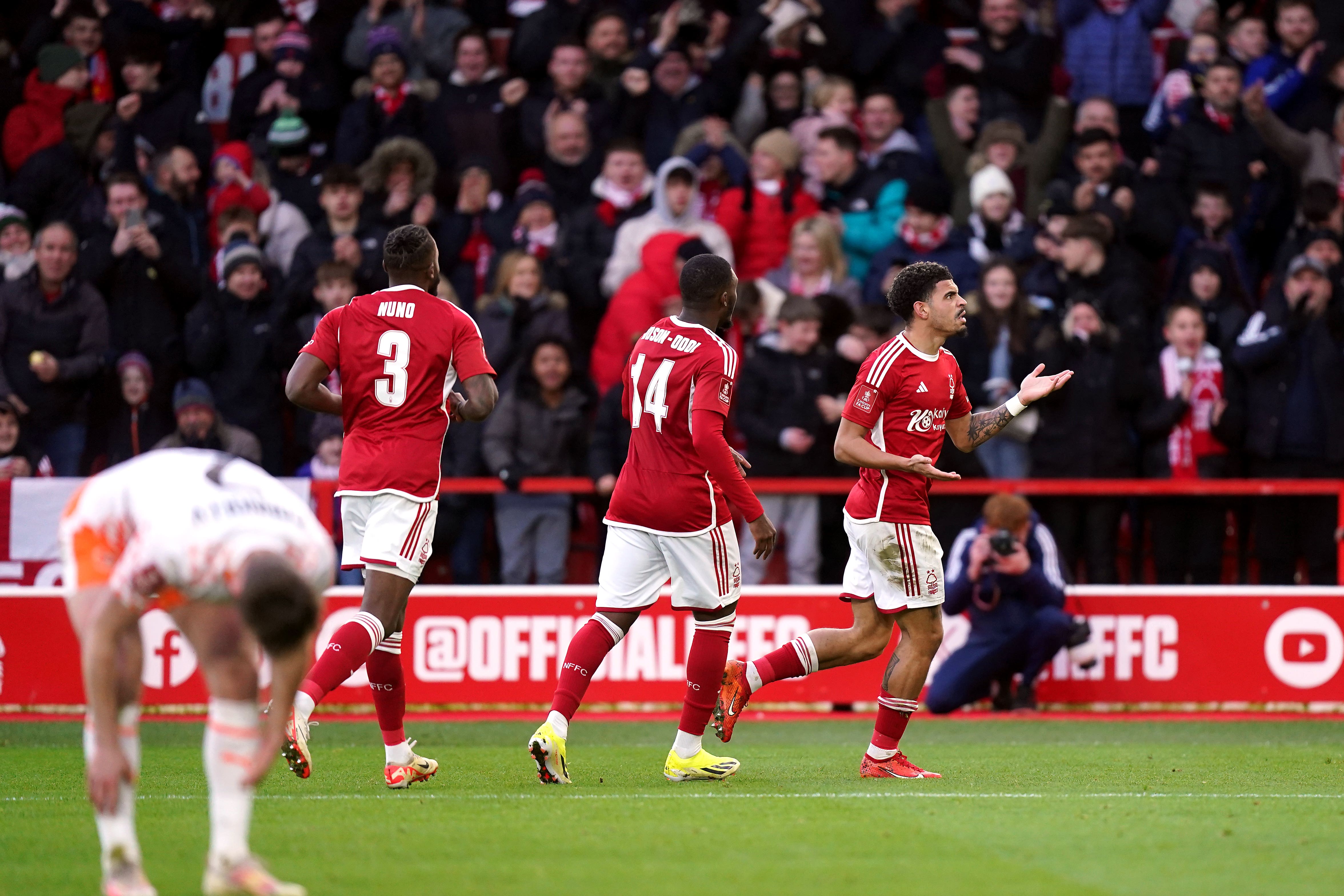 Morgan Gibbs-White celebrates scoring Forest’s equaliser (Mike Egerton/PA)